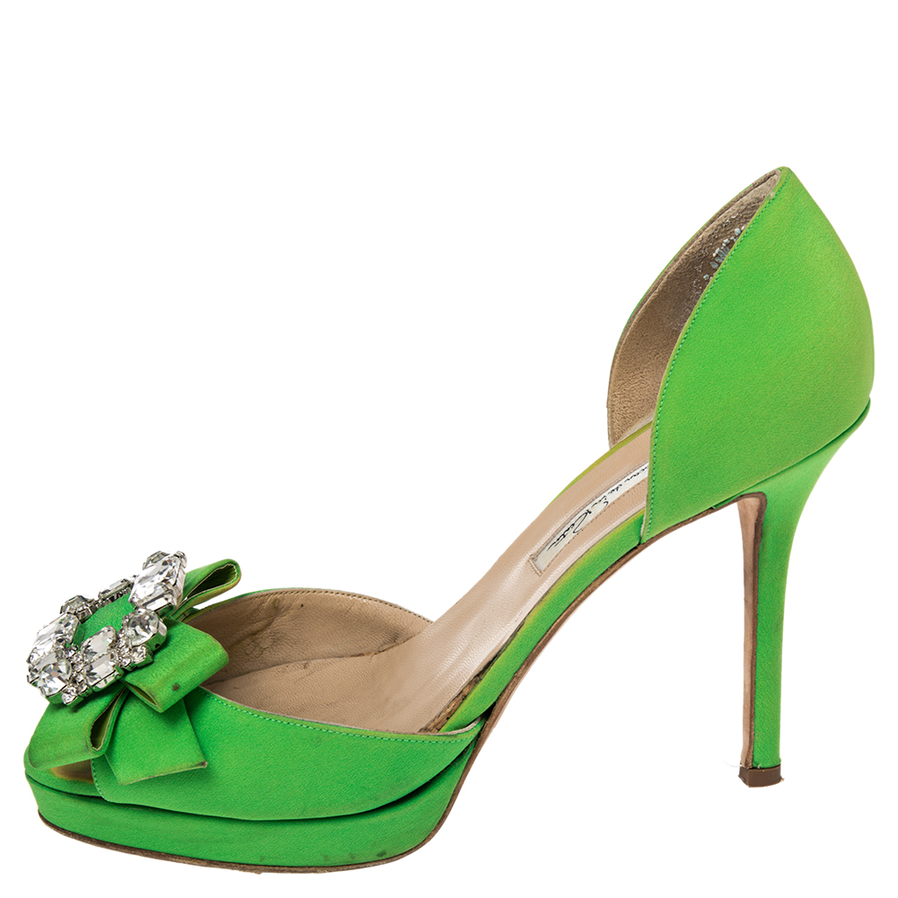 

Oscar de la Renta Green Satin Crystal Embellished D'Orsay Sandals Size