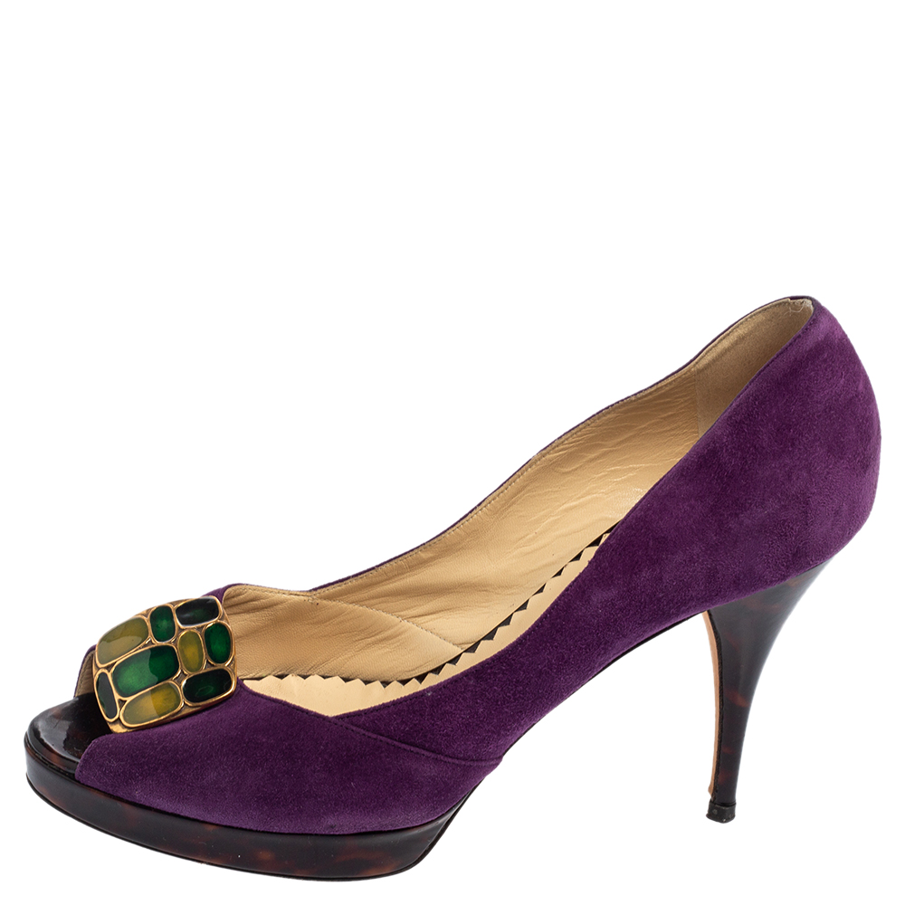 

Oscar De La Renta Purple Suede Jewel Embellished Peep-Toe Pumps Size