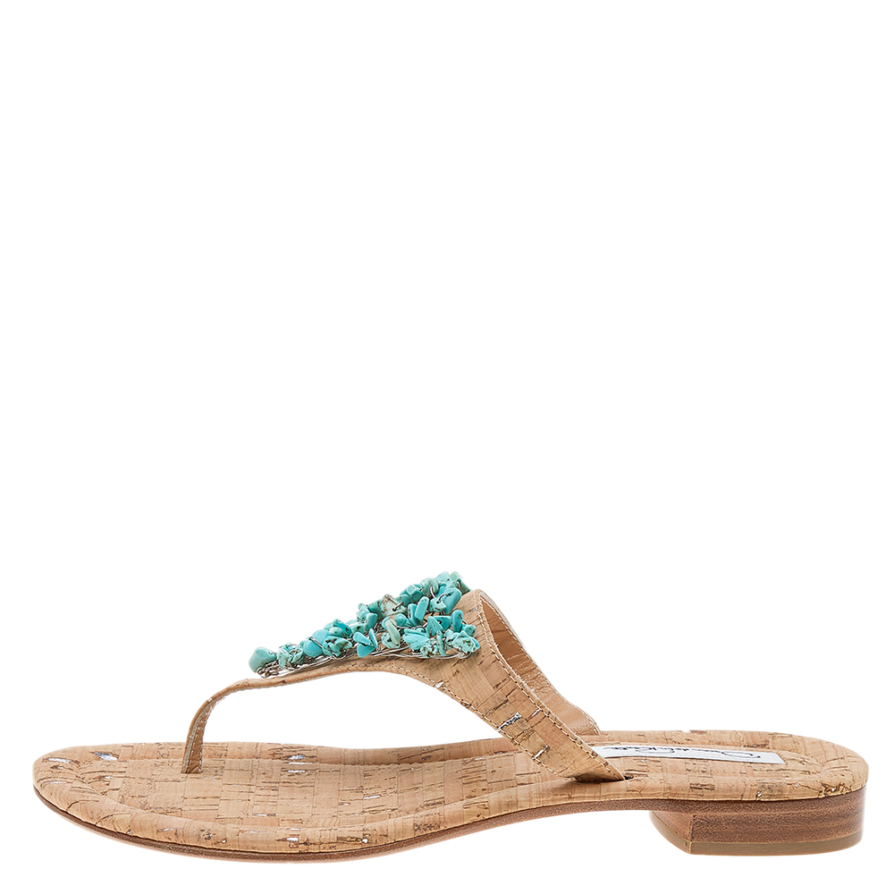 

Oscar de la Renta Beige Leather Embellished Flat Sandals Size