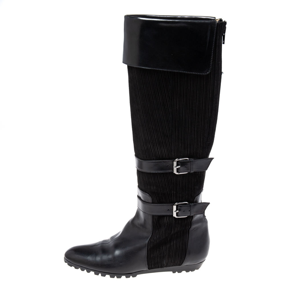 

Oscar de la Renta Black Leather And Canvas Knee Length Boots Size