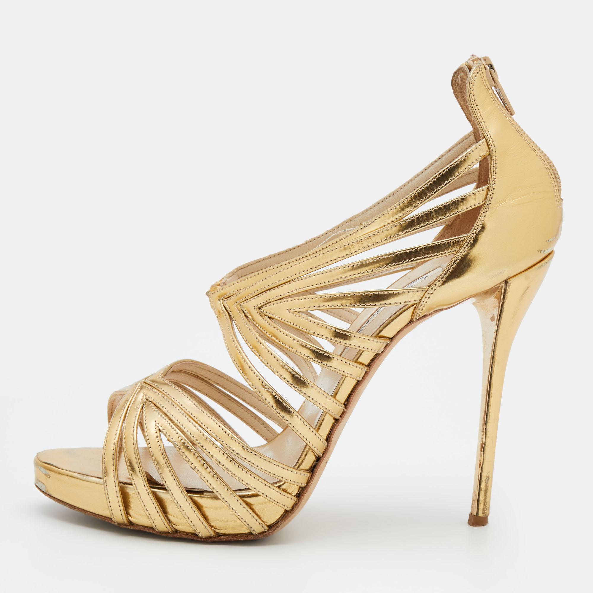 

Oscar de la Renta Metallic Gold Leather Ankle Strap Platform Sandals Size