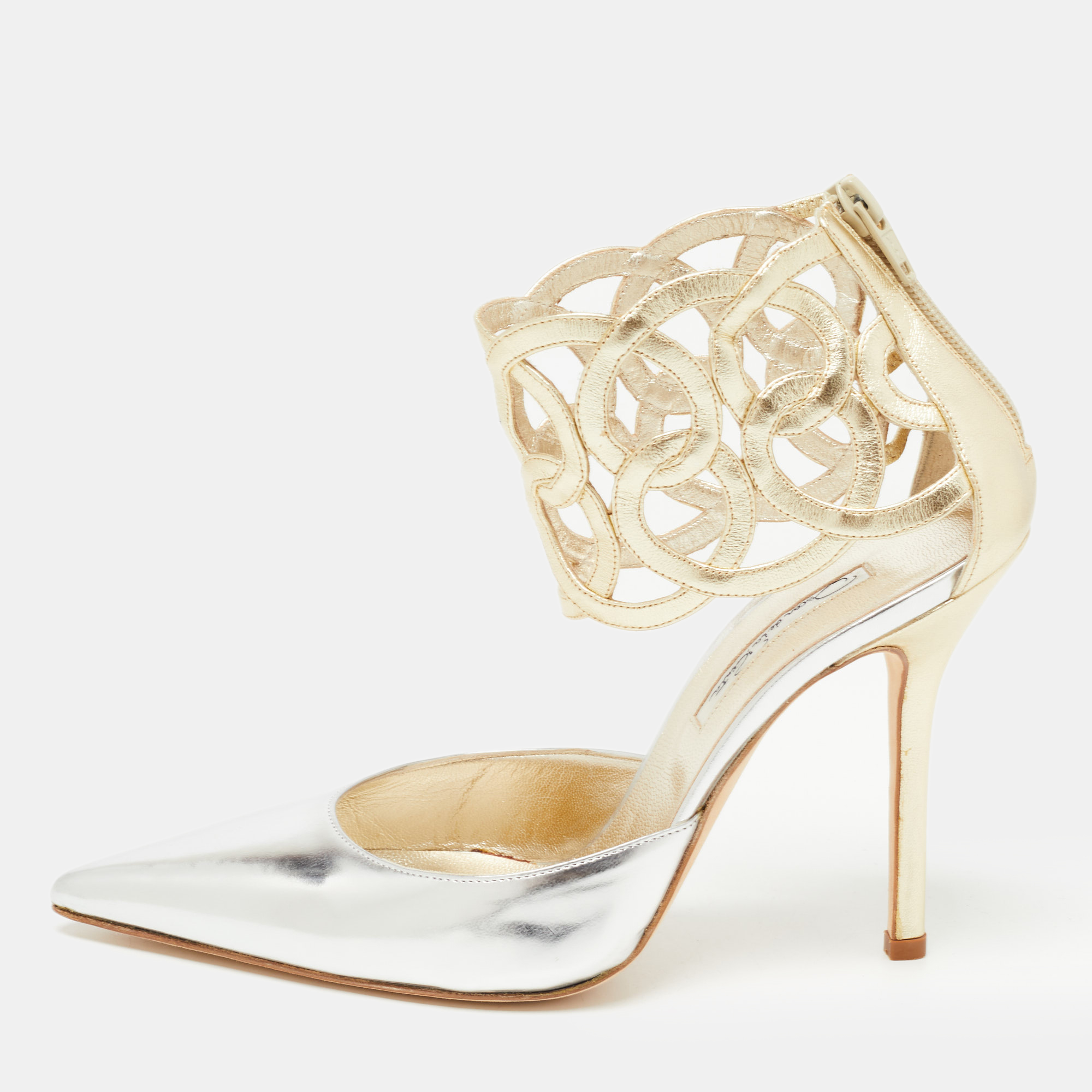 Pre Owned Oscar de la Renta Metallic Gold/Silver Leather Pointed Toe Ankle Strap Pumps Size 38