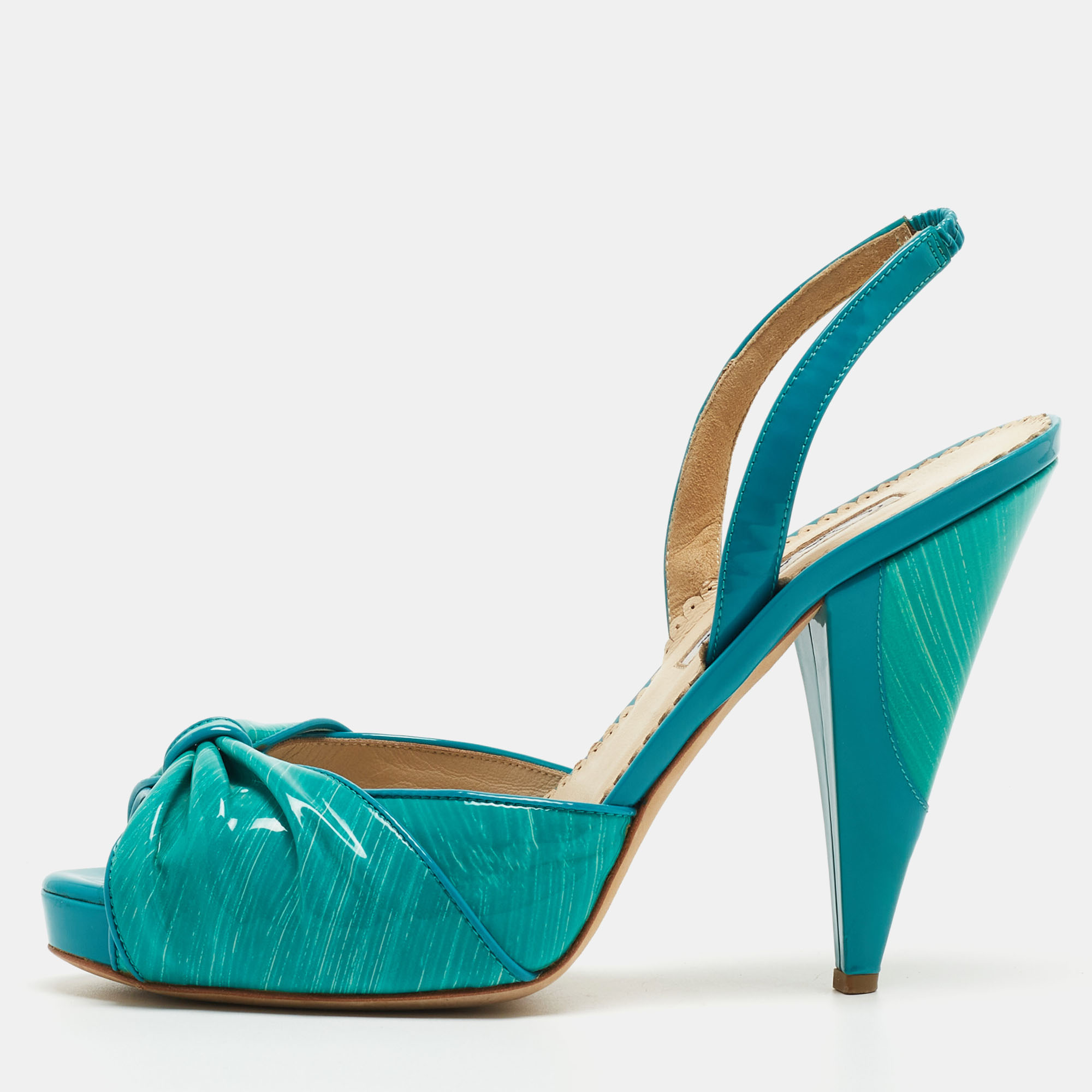 Pre-owned Oscar De La Renta Turquoise Patent Leather Bow Platform Slingback Sandals Size 36.5 In Blue