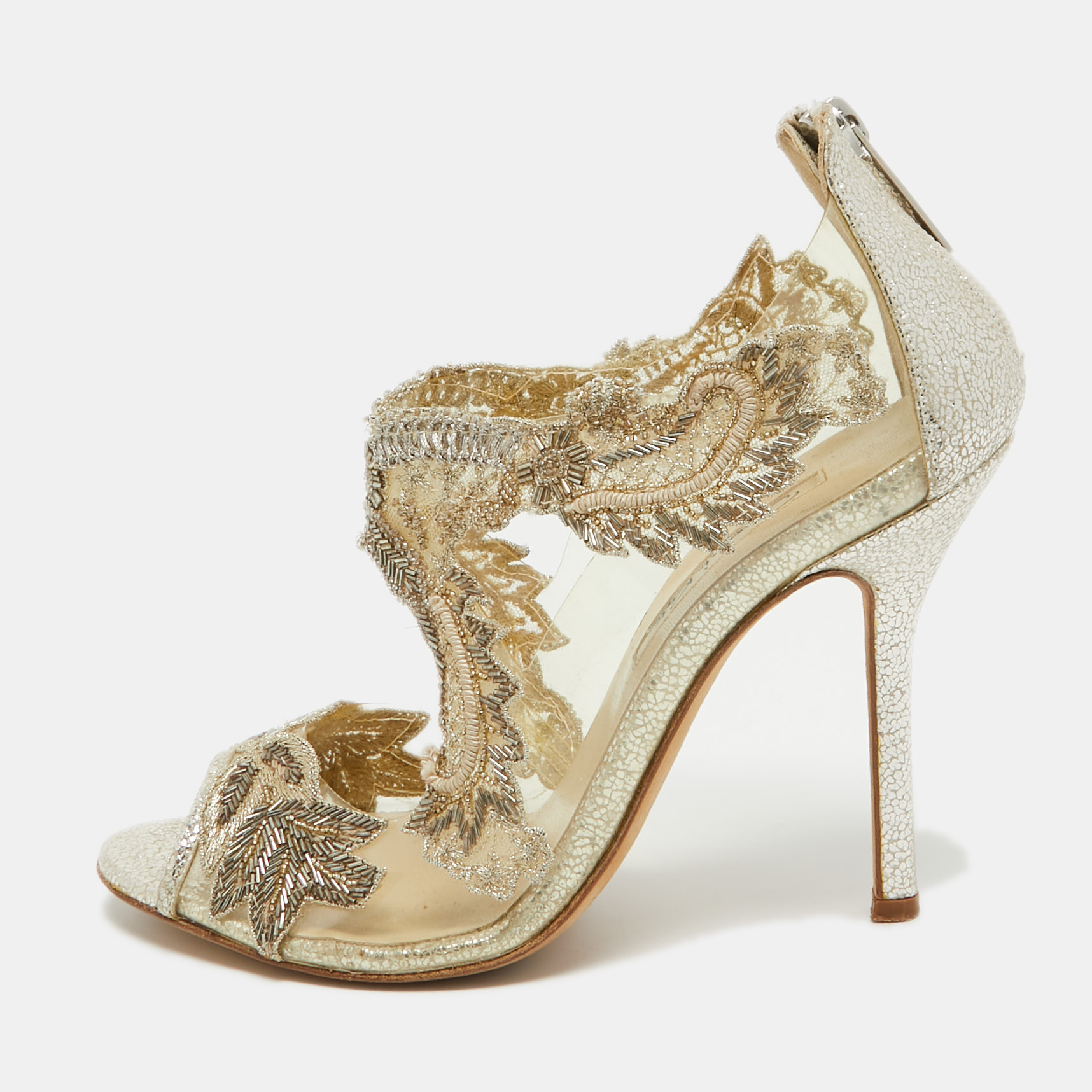 Pre-owned Oscar De La Renta Metallic Pvc And Texture Leather Ambria Sandals Size 37.5 In Gold
