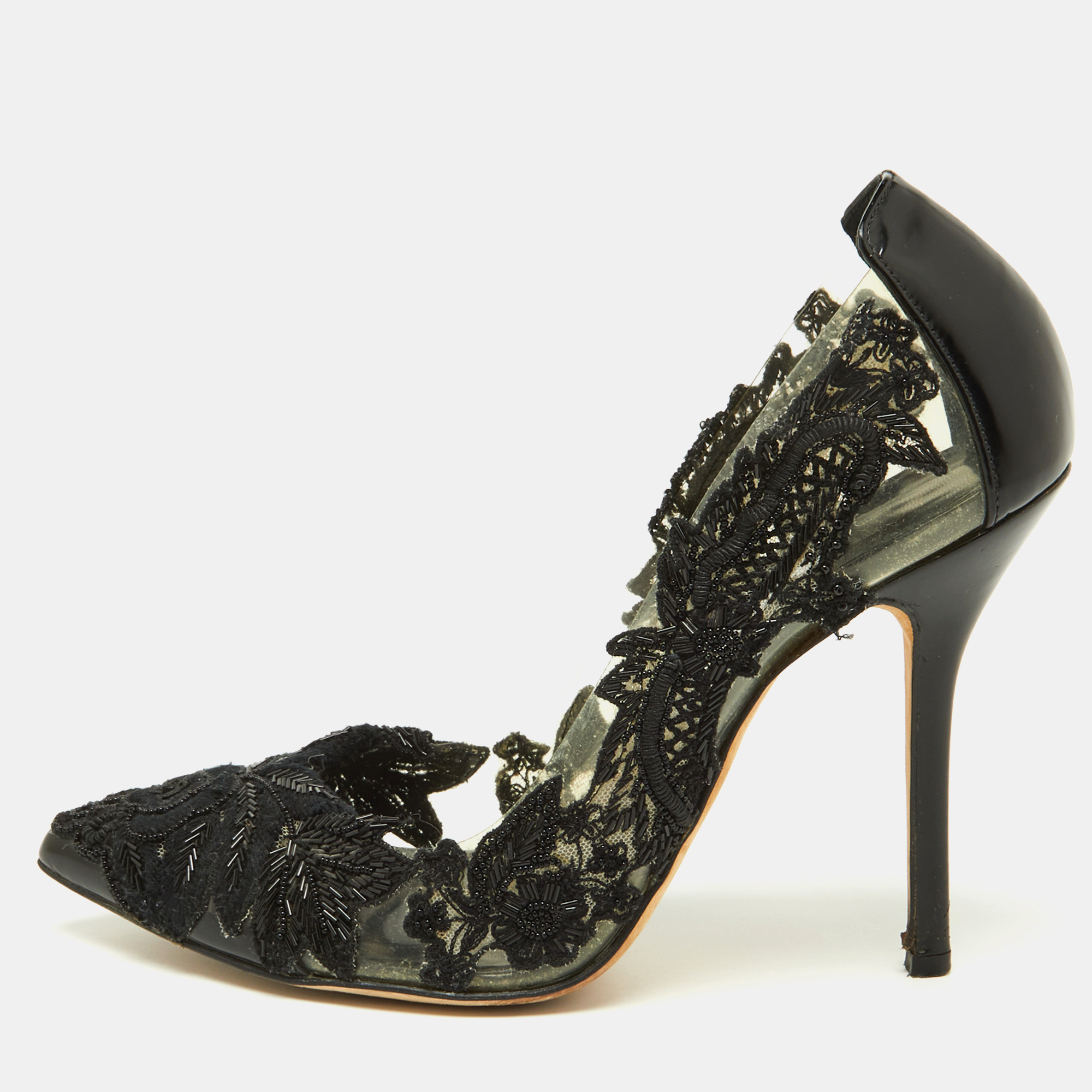 Pre-owned Oscar De La Renta Black Embroidery Patent Leather And Pvc Alyssa Embellished Pointed Toe Pumps Size 36.5
