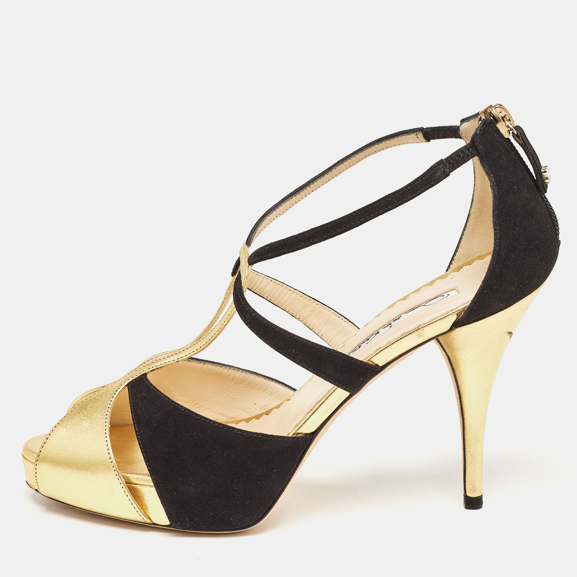 Pre-owned Oscar De La Renta Gold/black Leather And Suede Ankle Strap Sandals Size 36.5