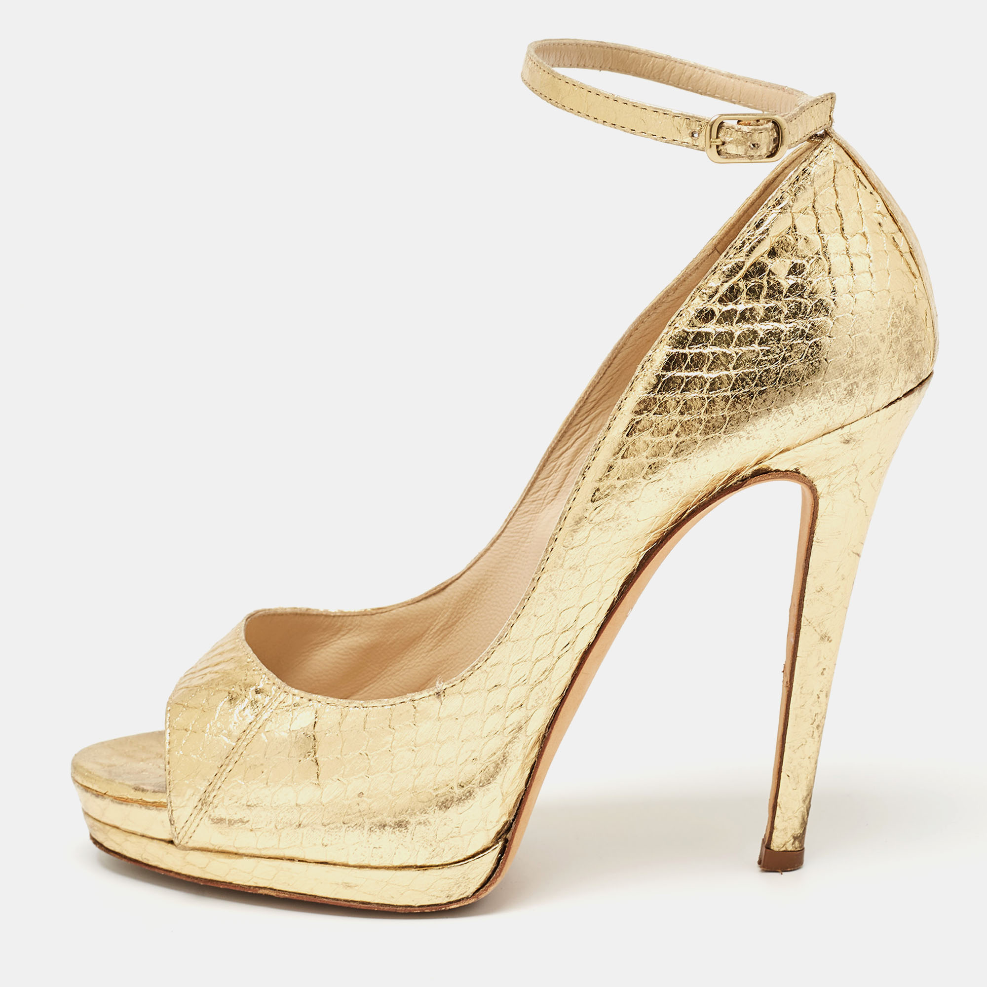 Pre-owned Oscar De La Renta Metallic Gold Python Embossed Peep Toe Ankle Strap Pumps Size 37.5