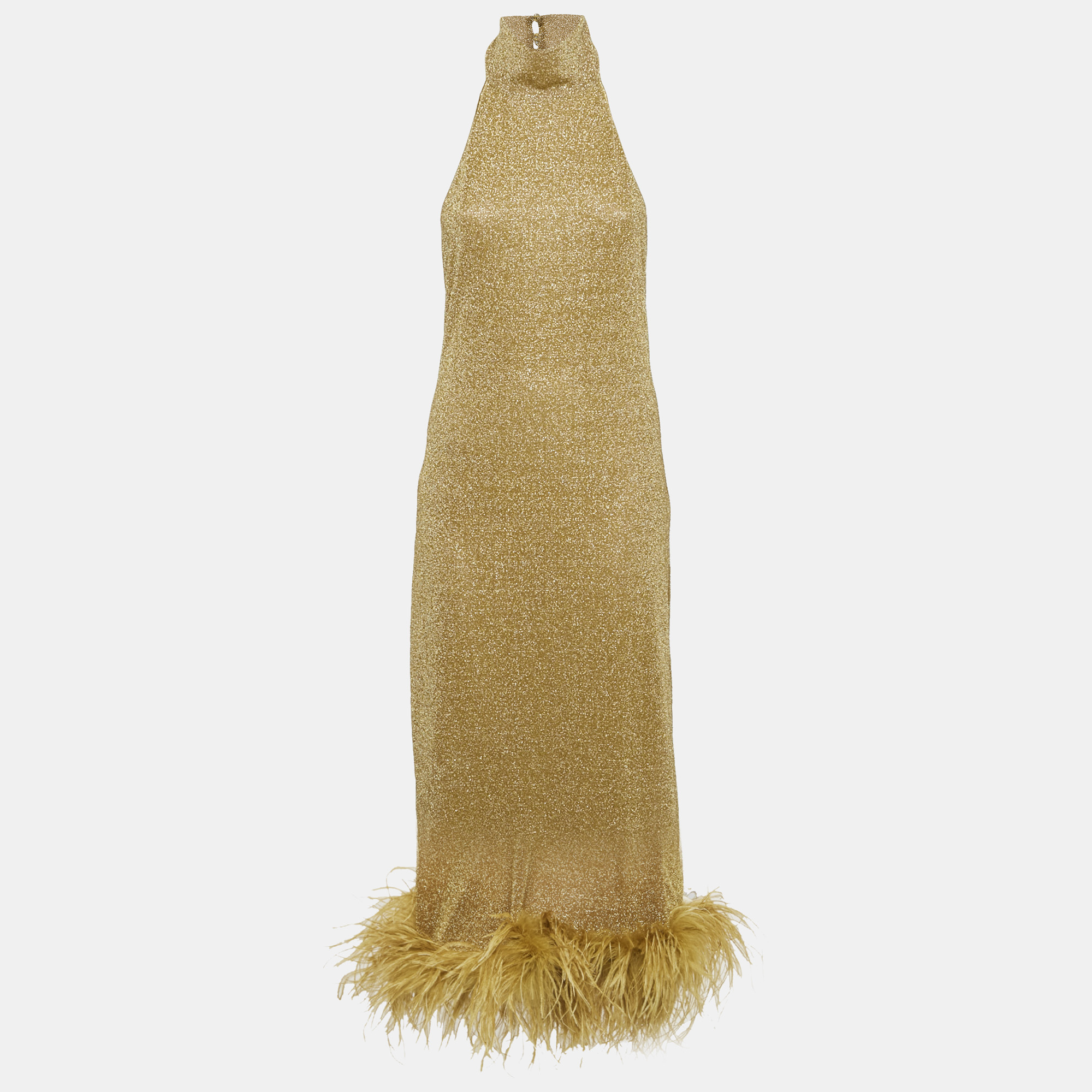 Pre-owned Oseree Gold Lurex Knit Ostrich Feather Detail Halter Neck Midi Dress M