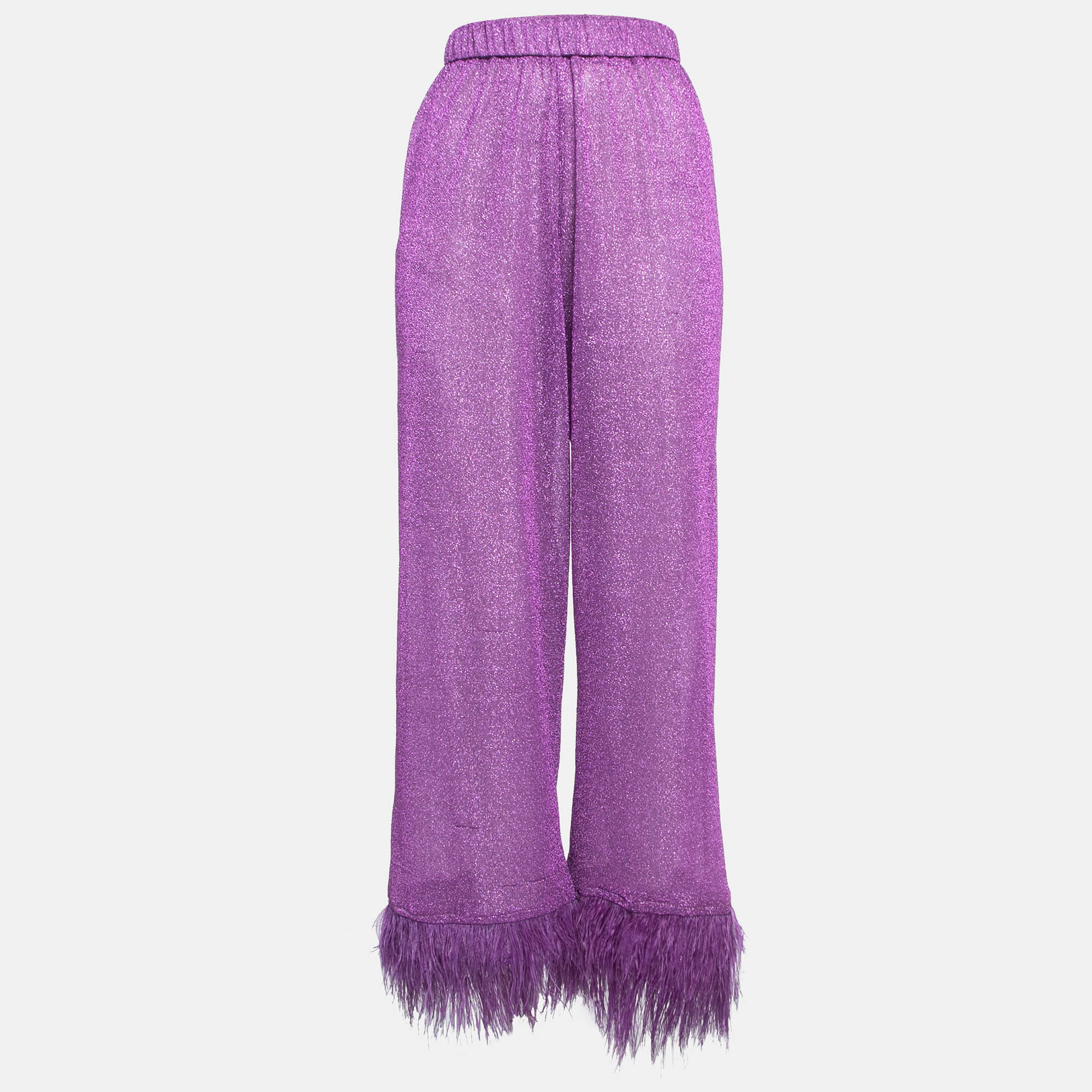 Pre-owned Oseree Purple Lurex Knit Feather Trim Sheer Trousers S