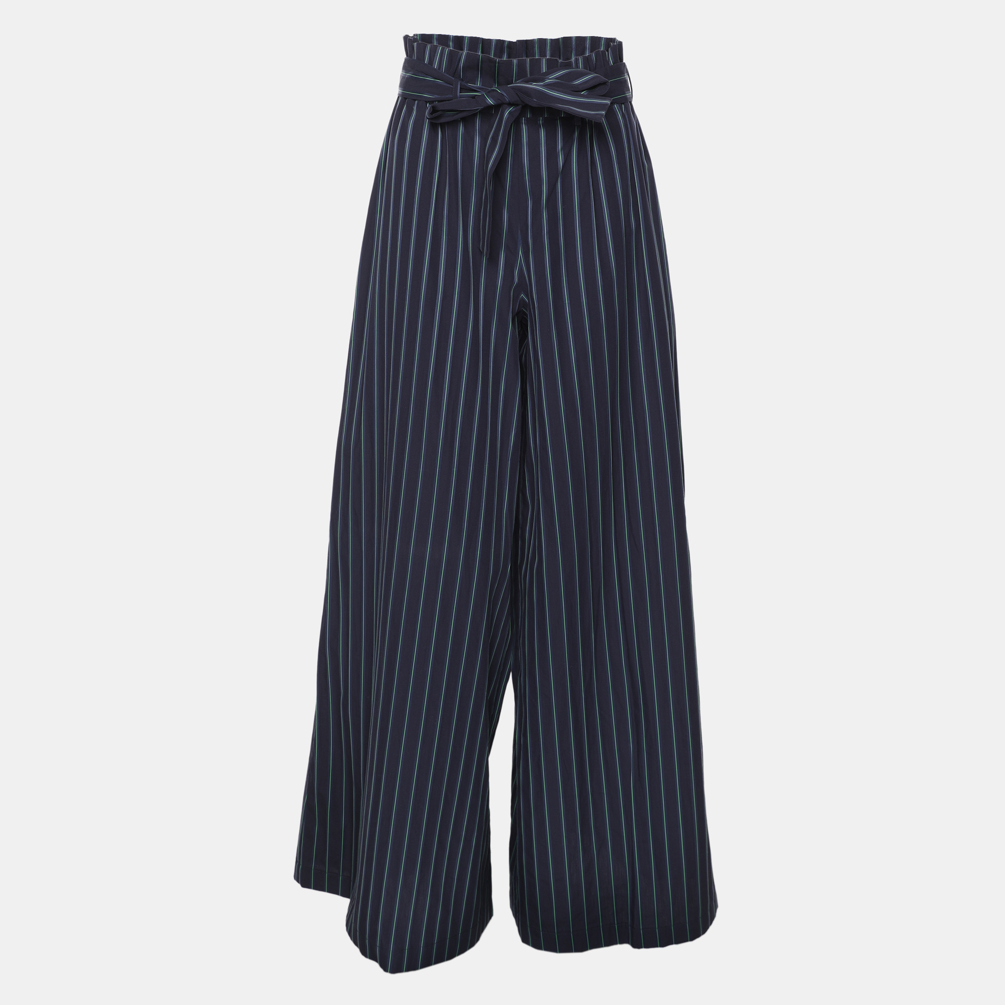 Pre-owned Osman Navy/green Stripe Cotton Culottes Pants M In Blue
