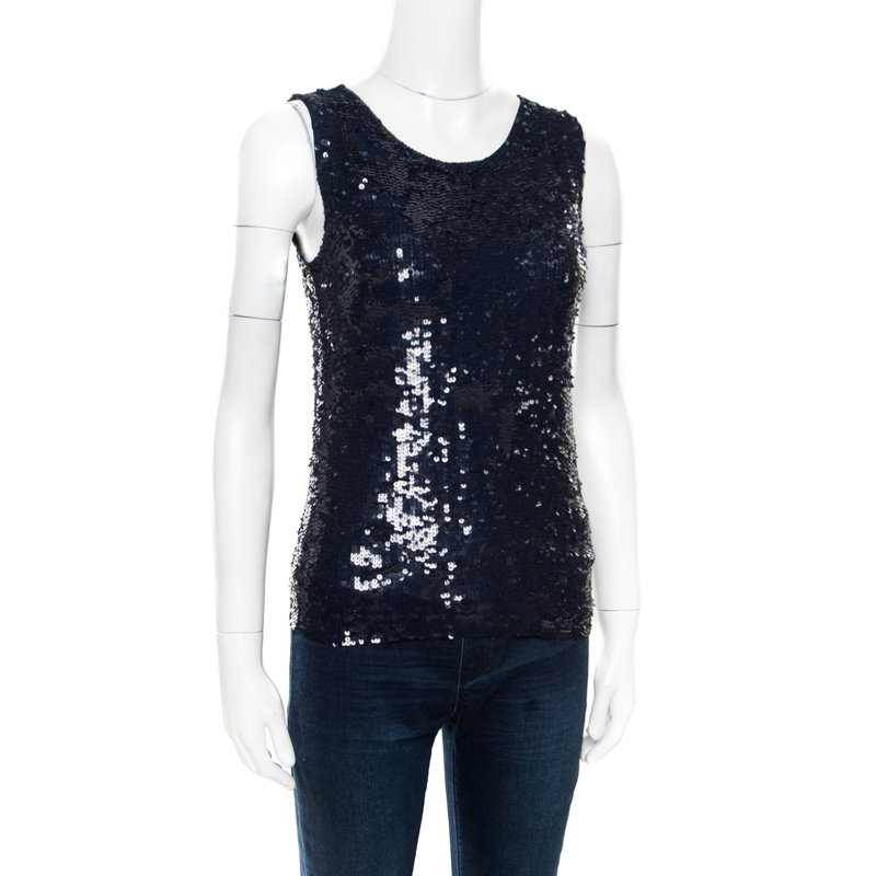 

P.A.R.O.S.H. Navy Blue Sequin Paillette Embellished Sleeveless Blouse