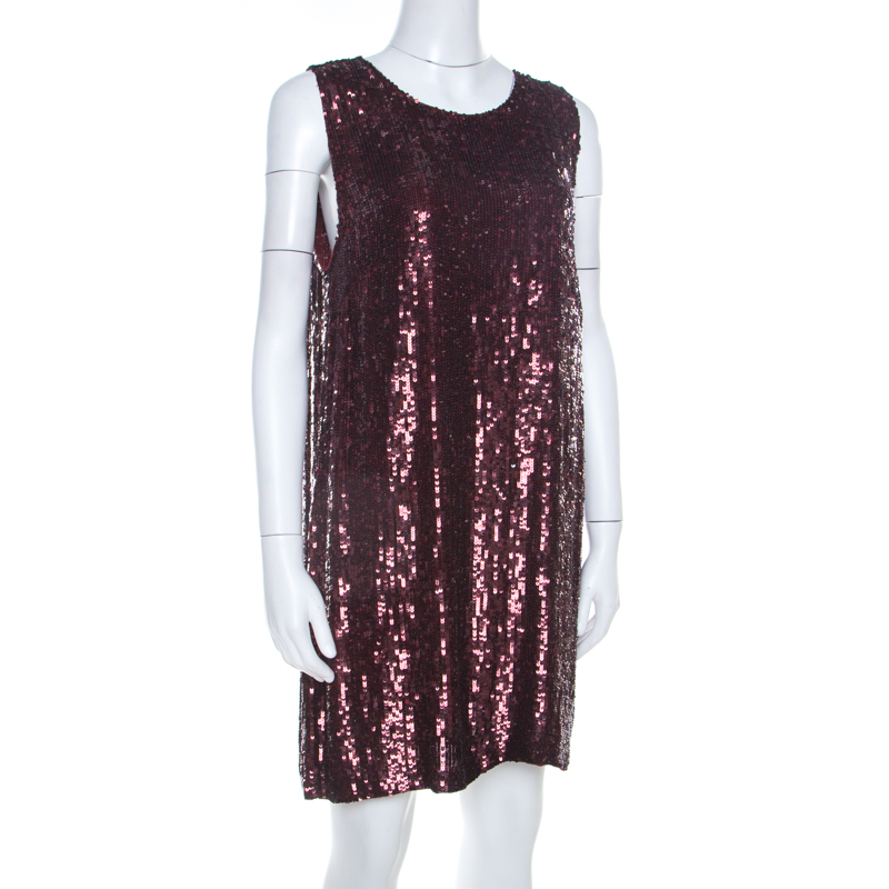 

P.A.R.O.S.H. Burgundy Chiffon Sequins Sleeveless Shift Dress