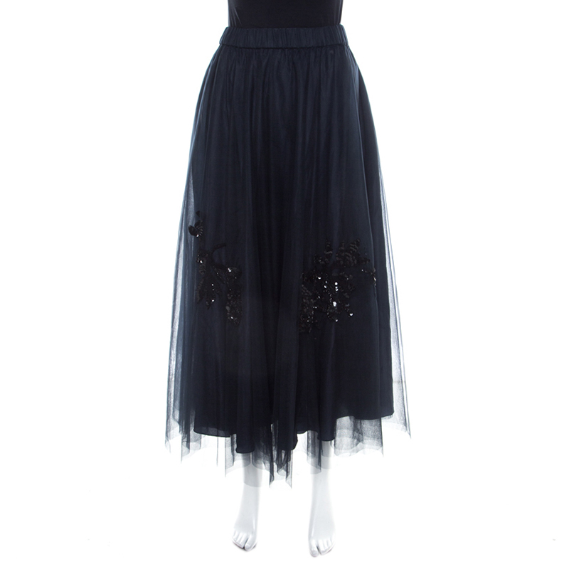 P.A.R.O.S.H Navy Blue Floral Sequin Embellished Tulle Maxi Skirt XL