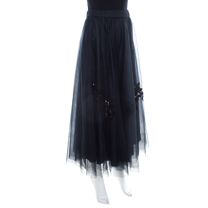 

P.A.R.O.S.H Navy Blue Floral Sequin Embellished Tulle Maxi Skirt