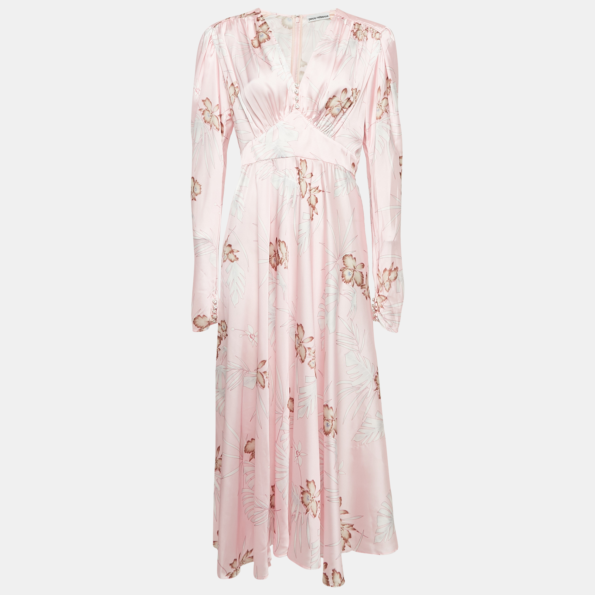 

Paco Rabanne Pink Hawaiian Print Satin Midi Dress M