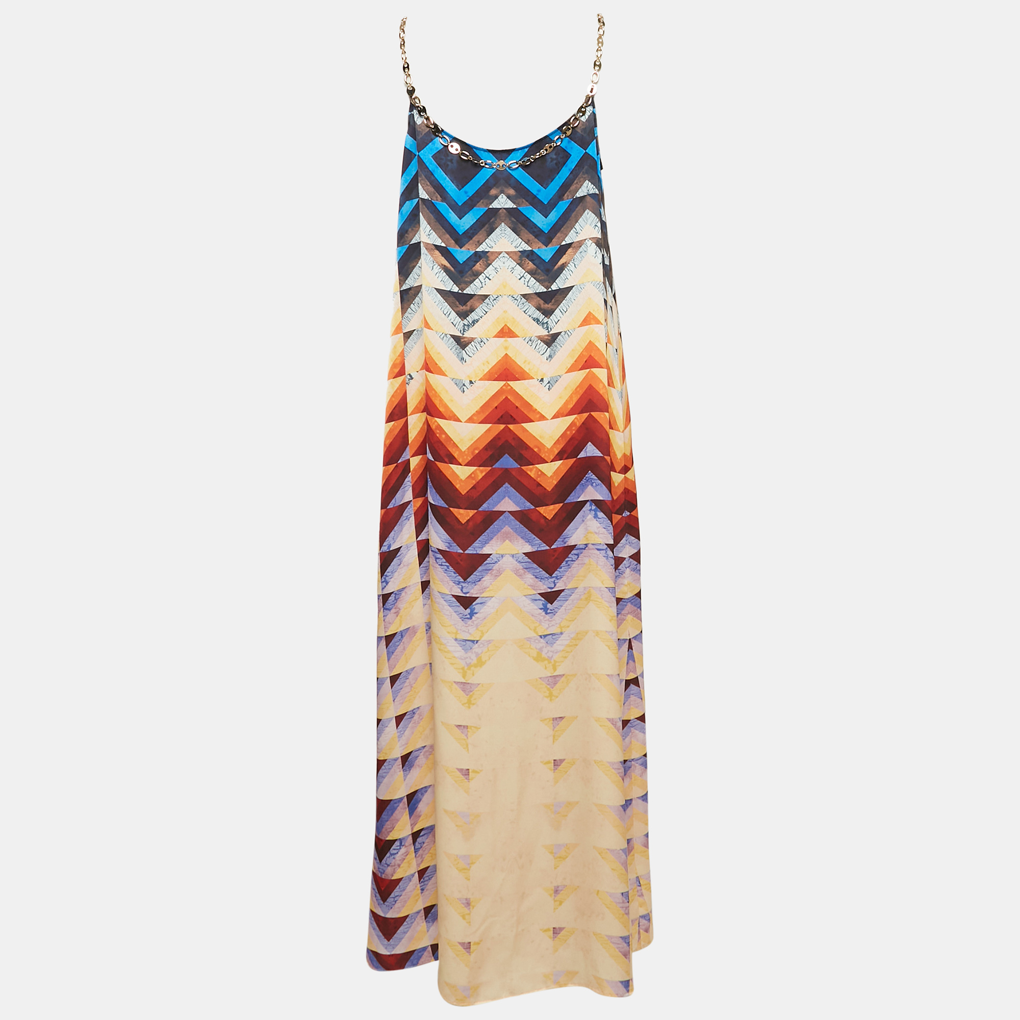 Paco Rabanne Multicolor Abstract Print Satin Chain Strap Maxi Dress S 