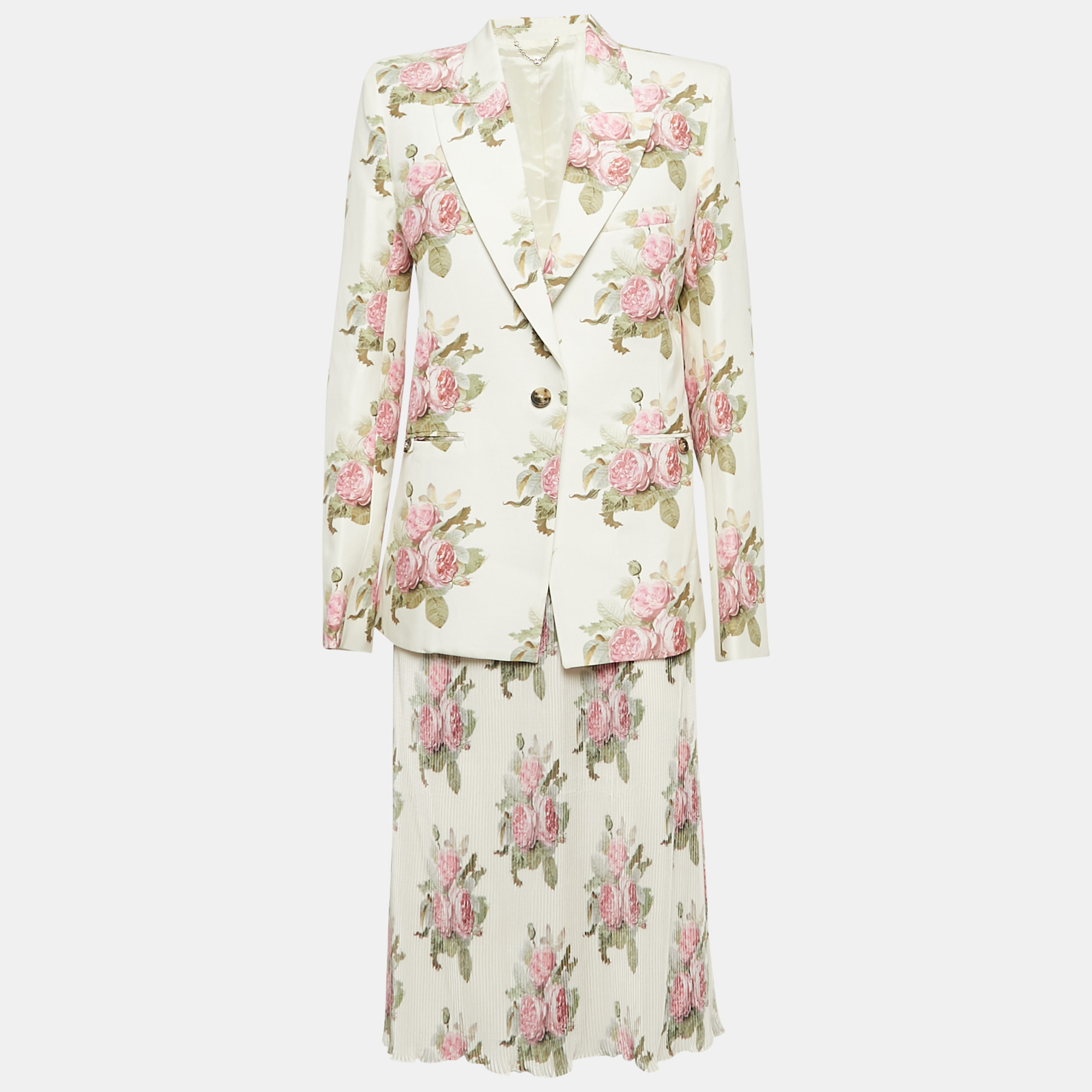 

Paco Rabanne Cream Rose Print Cotton and Plisse Skirt Suit M/L