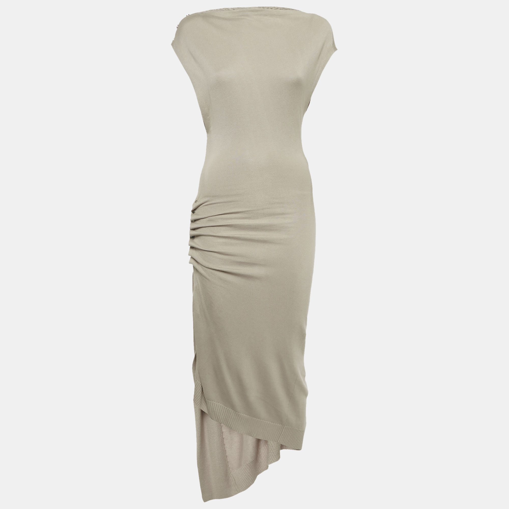 Pre-owned Rabanne Tan Knit Buttoned Ruche Asymmetric Midi Dress Xs In Sand