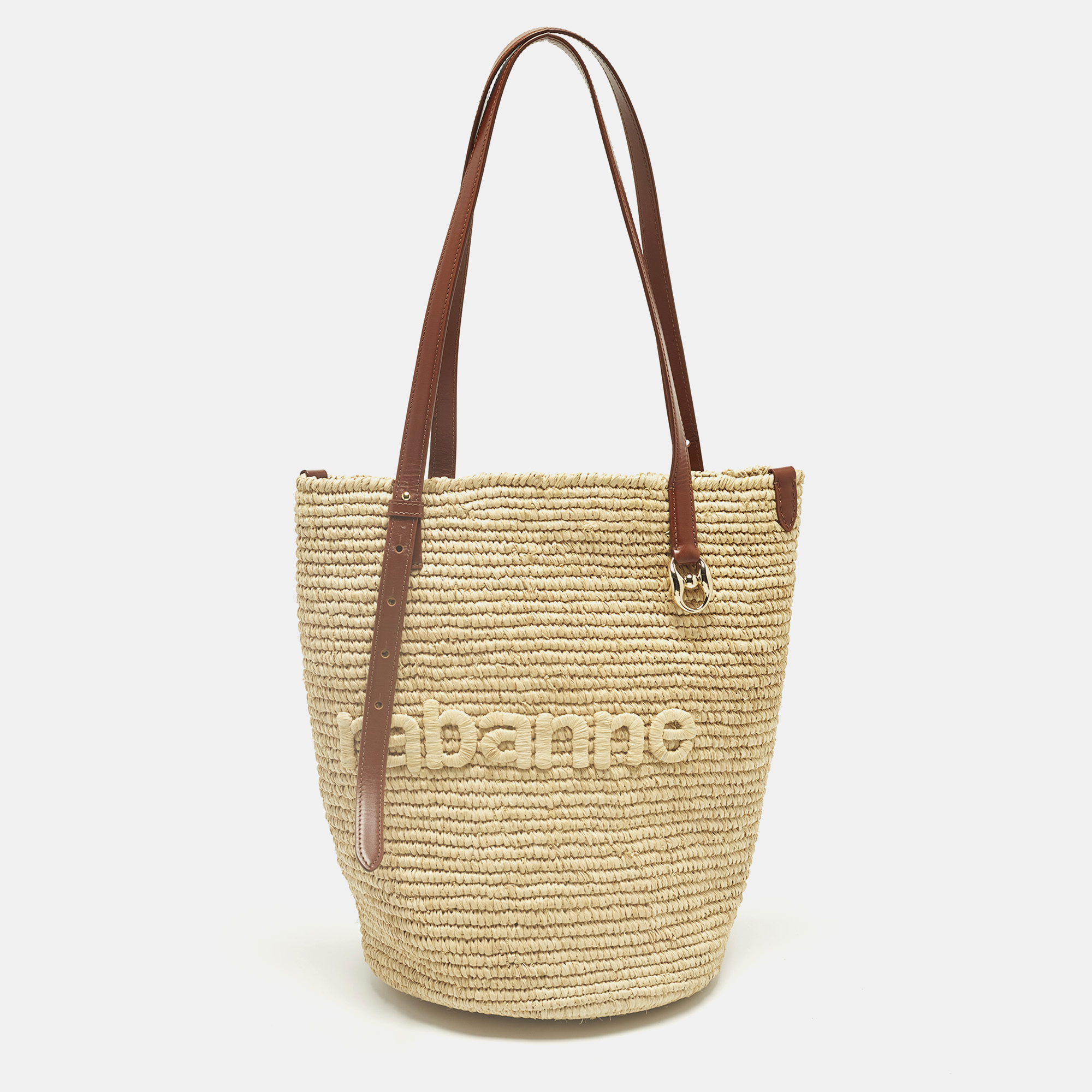 Pre-owned Paco Rabbane Logo Embroidered Cream/brown Leather And Raffia Tote In White