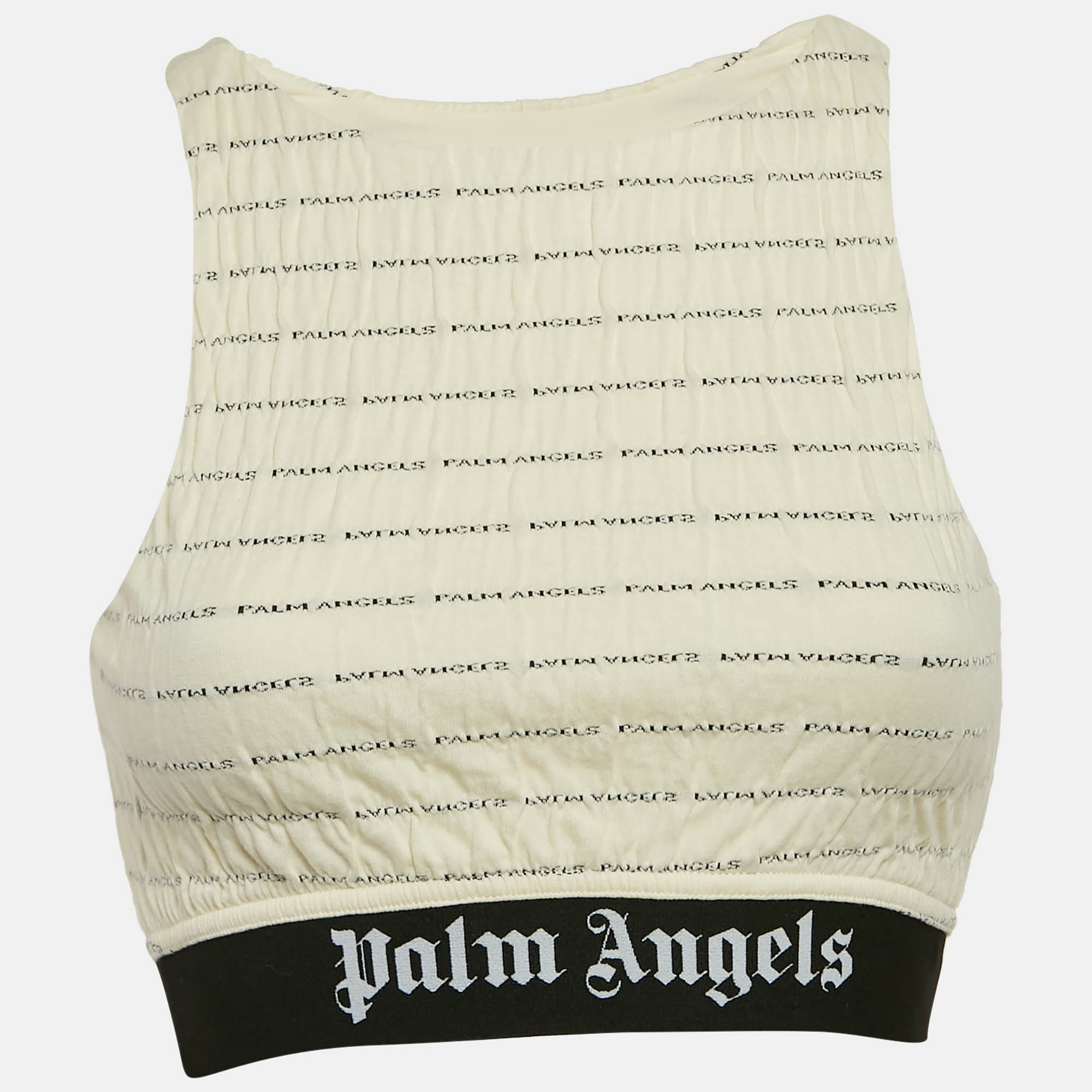 Pre-owned Palm Angels Cream Logo Print Crinkled Jersey Crop Top M