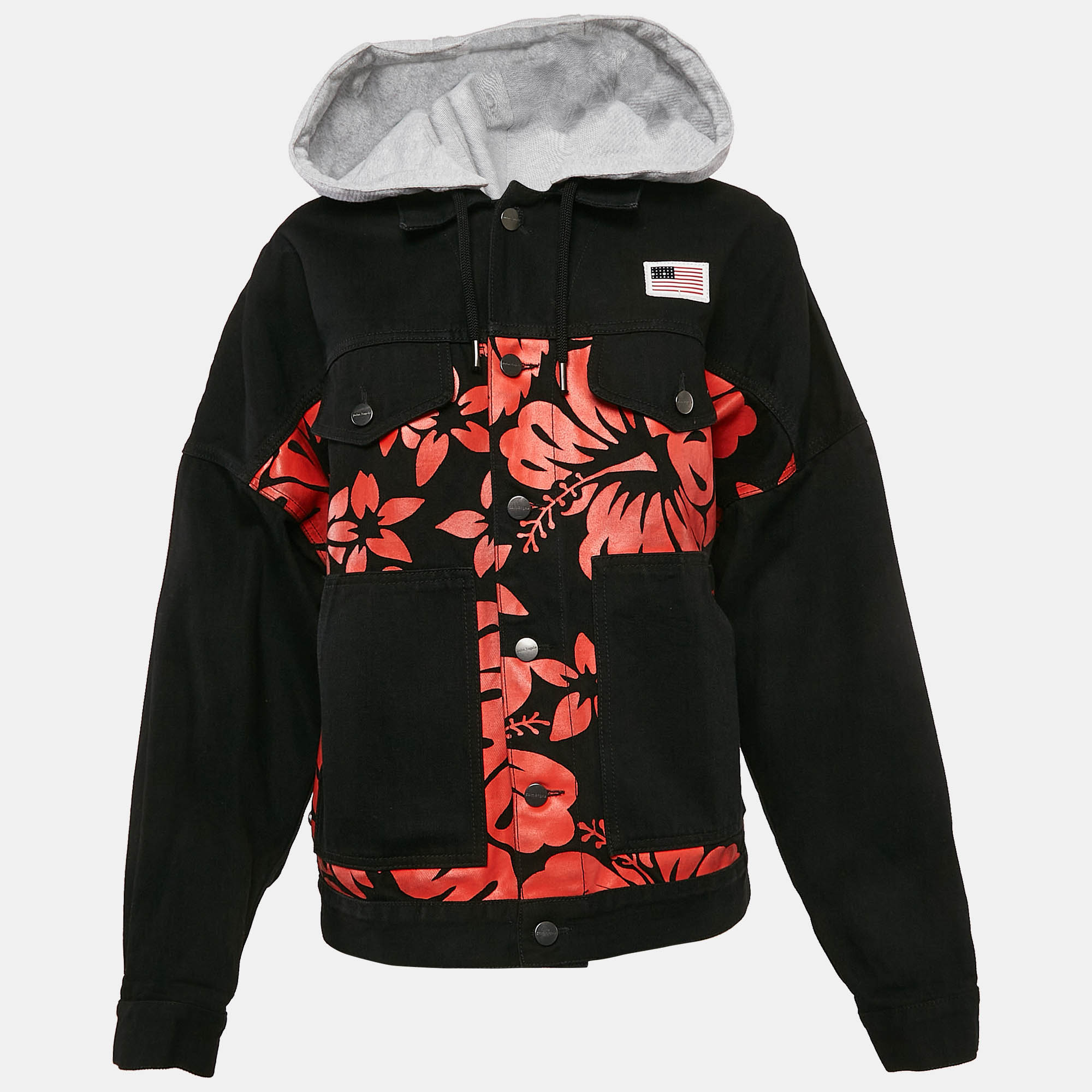 

Palm Angels Black Floral Print Denim Detachable Hood Jacket S