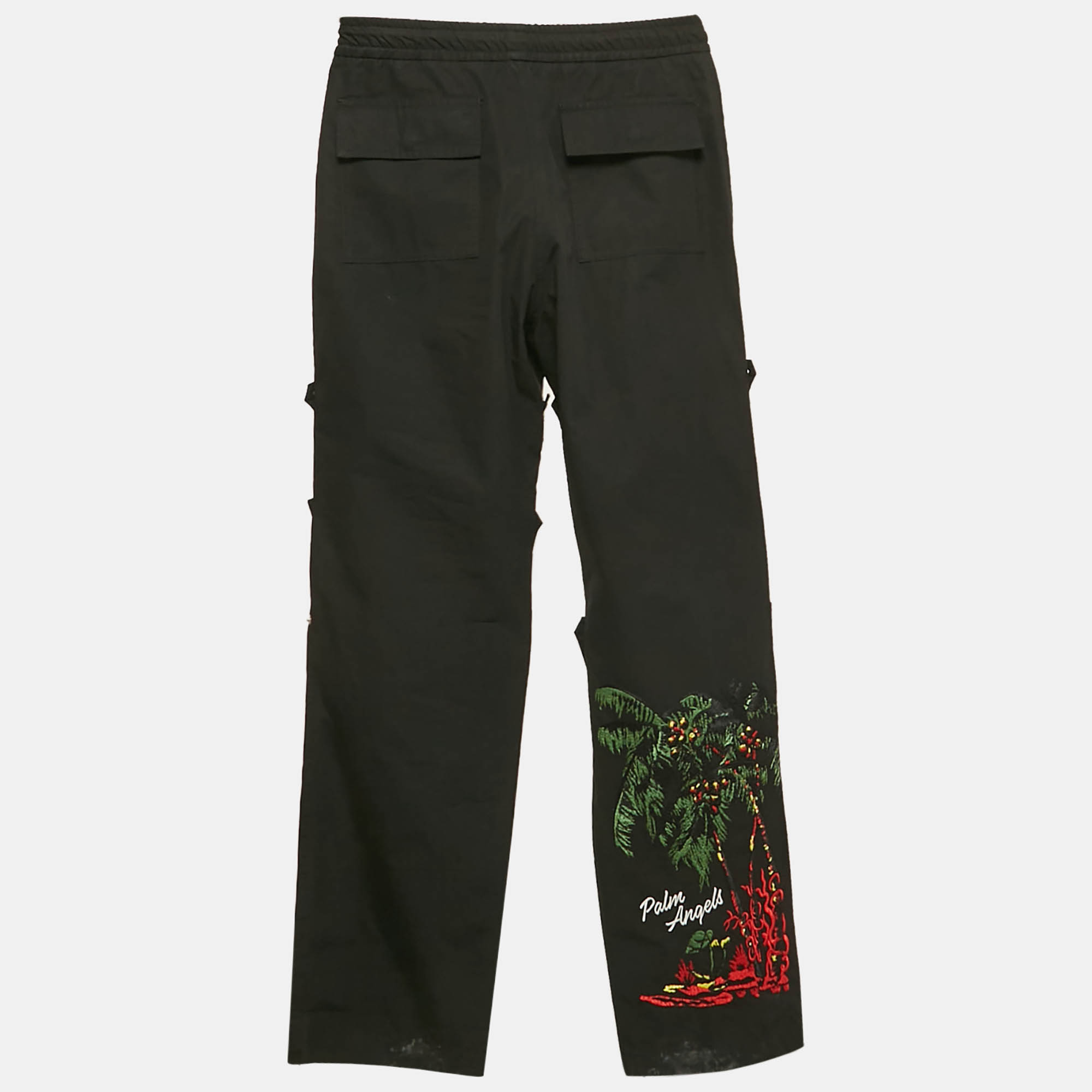 

Palm Angels Black Embroidered Cotton Upside Down Palm Trousers S