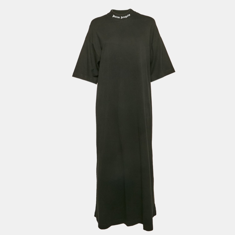 

Palm Angels Black Logo Print Neck Jersey Midi T-Shirt Dress XS