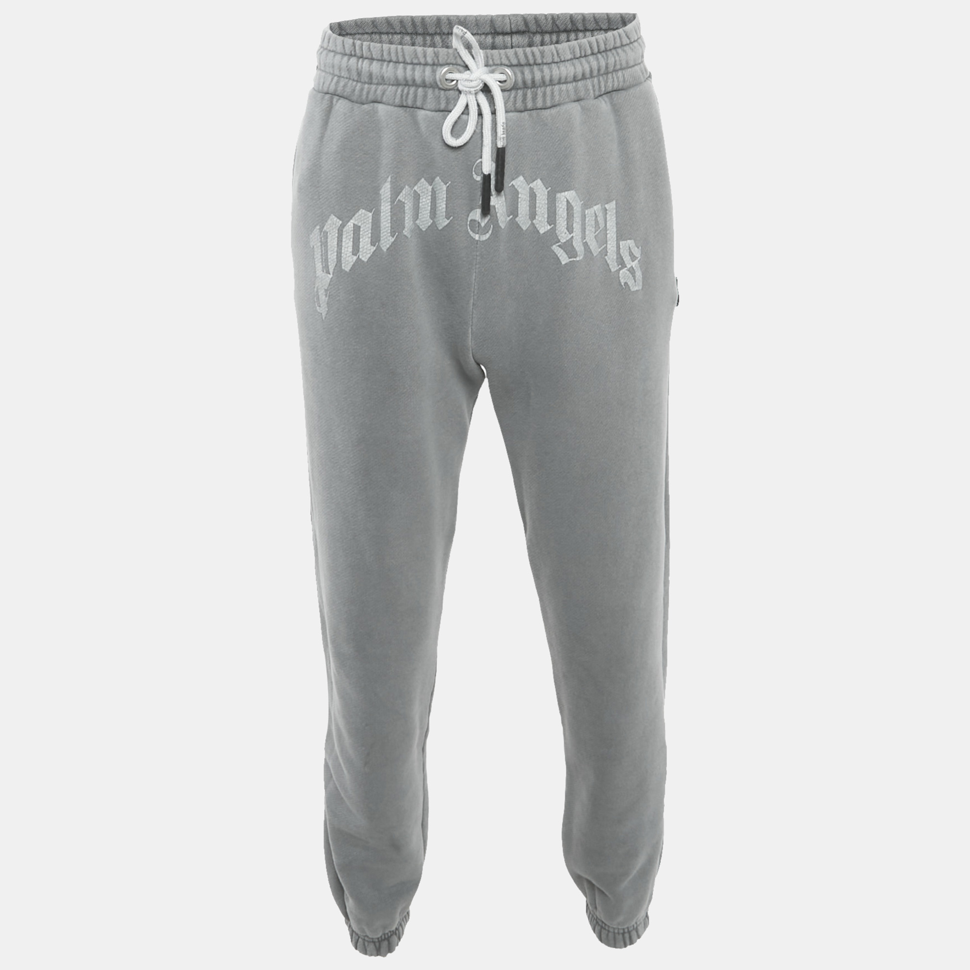 

Palm Angels Grey Logo Print Cotton Knit Joggers S