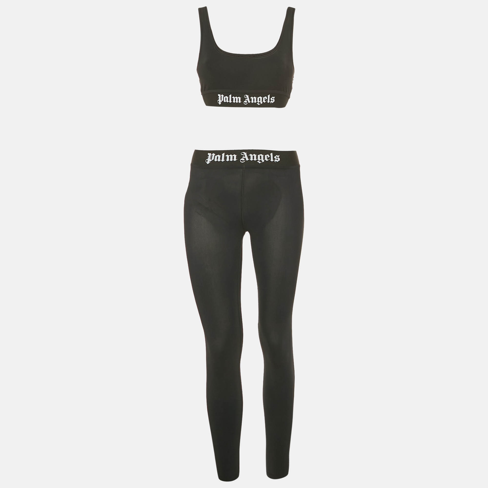Pre-owned Palm Angels Black Nylon Jersey Logo Detail Sports Bra And Leggings Set Xs