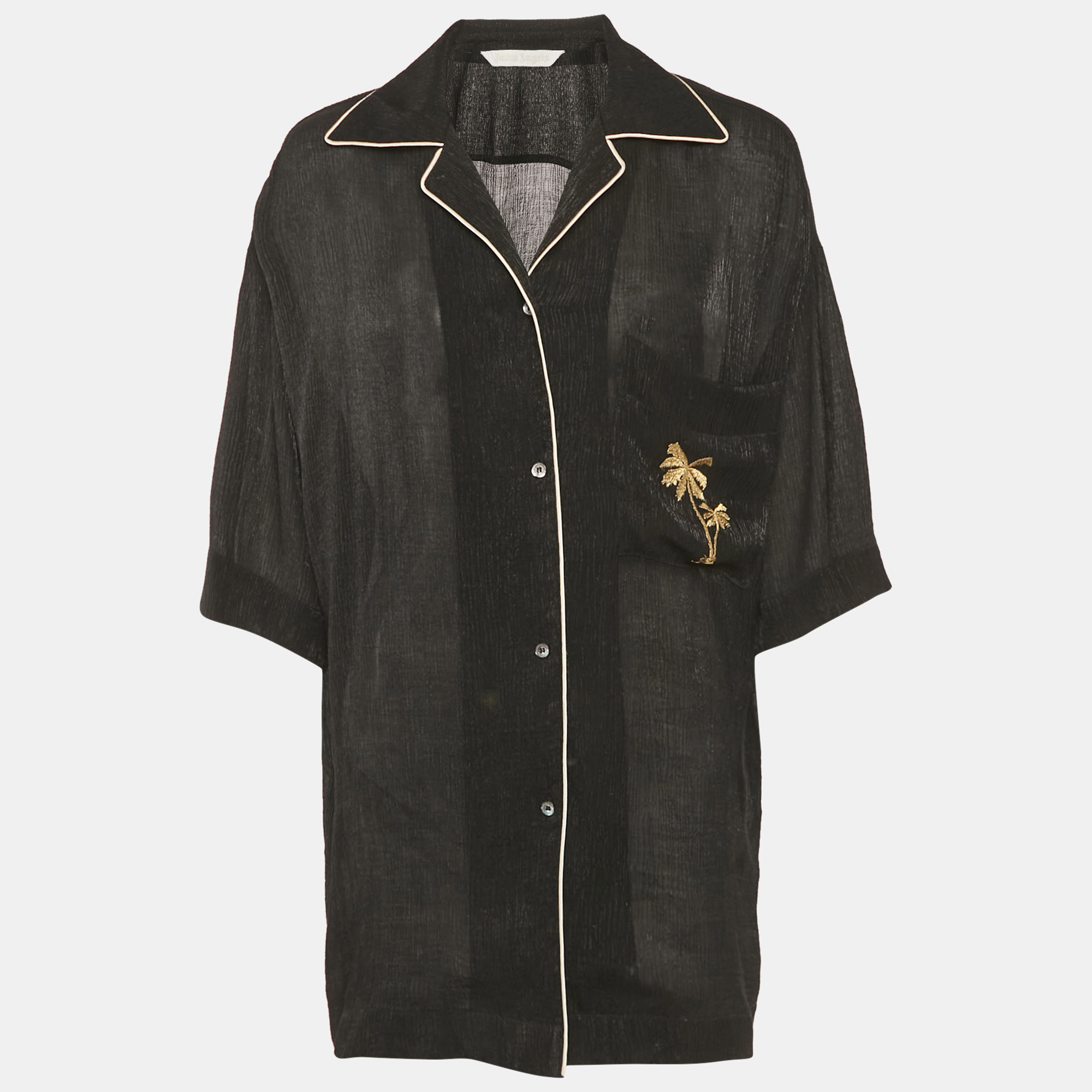Pre-owned Palm Angels Black Embroidered Crepe Sheer Soiree Pajama Bowling Shirt M