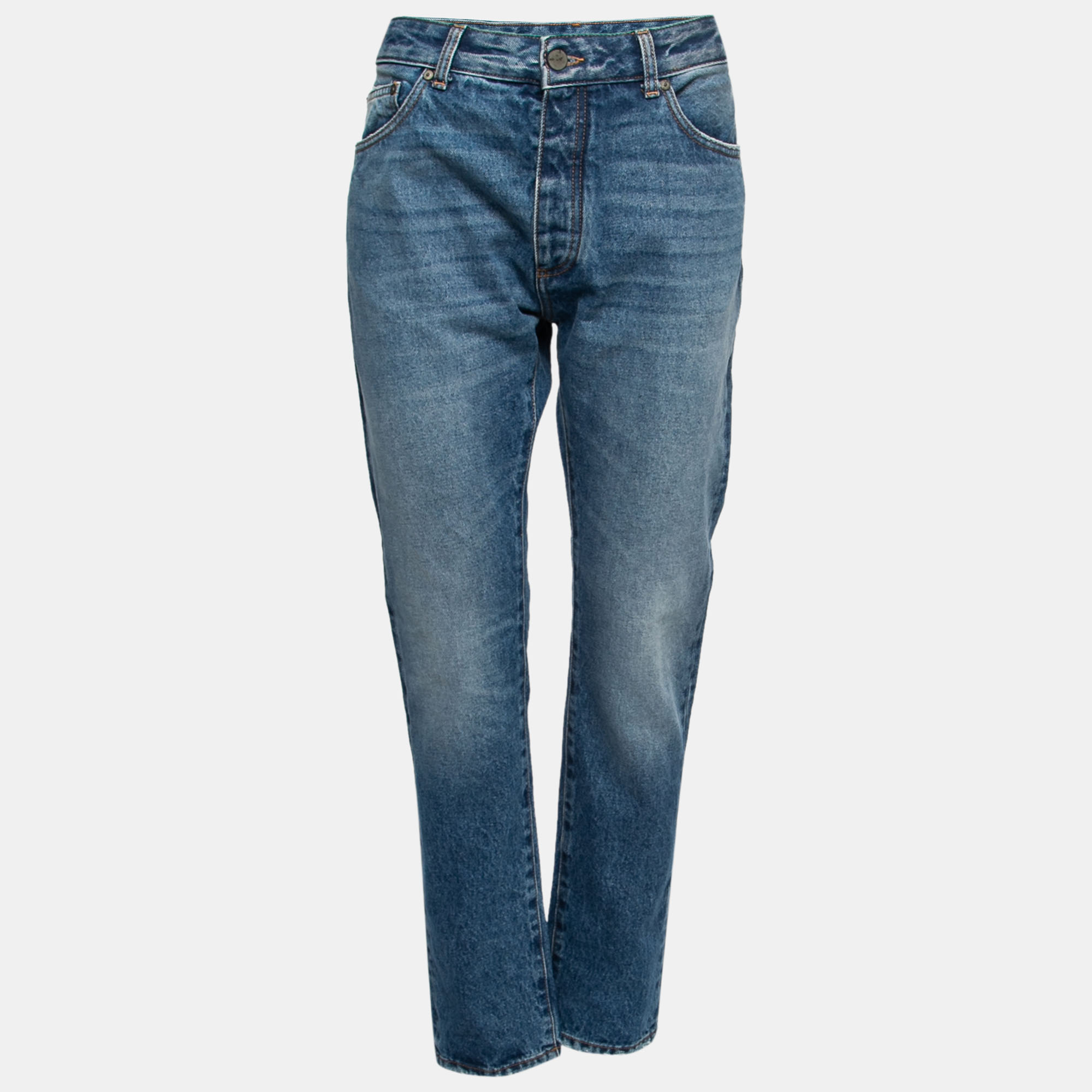 Pre-owned Palm Angels Blue Denim Bandana Patch Straight-leg Jeans L Waist 32"