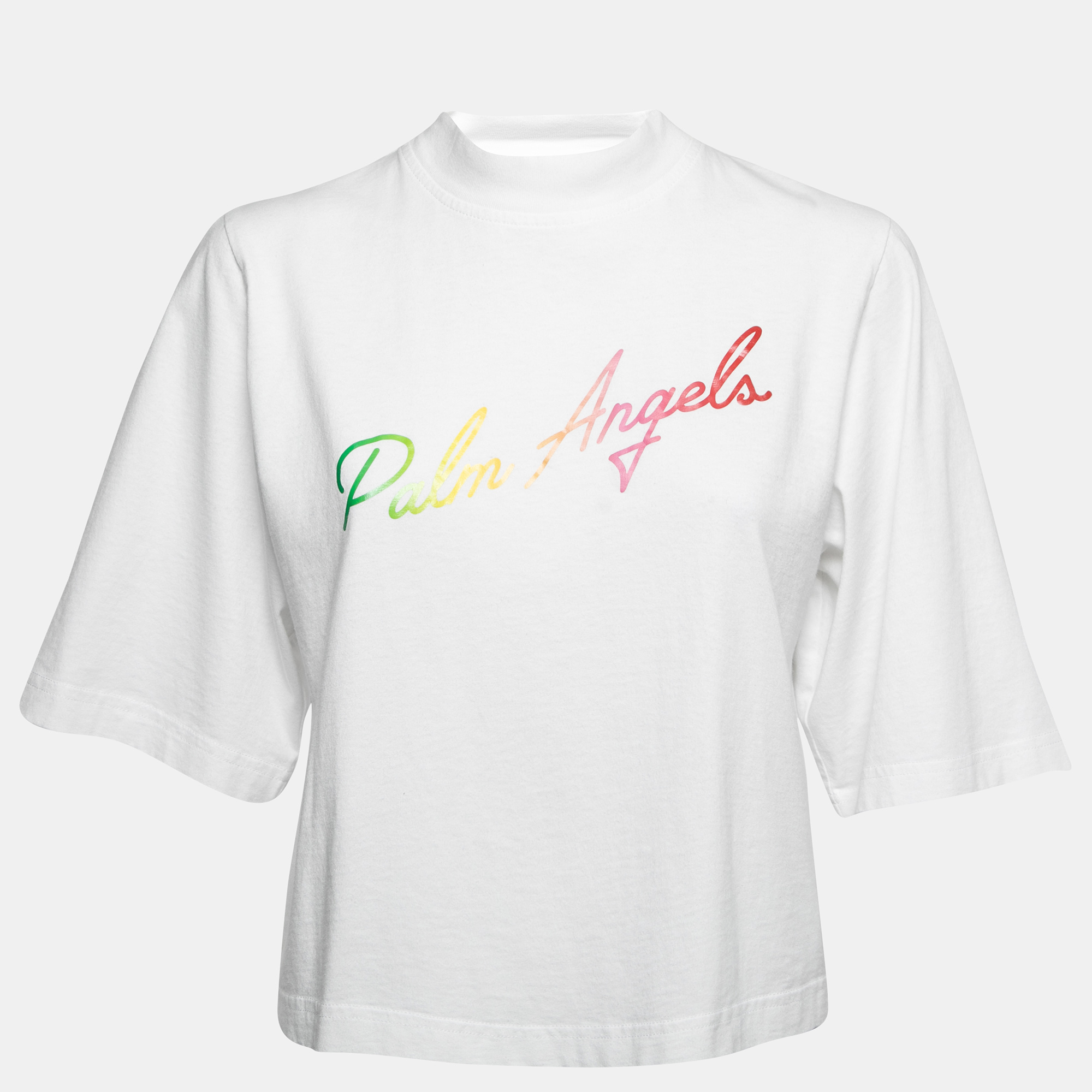 Pre-owned Palm Angels White Logo Printed Cotton Crewneck T-shirt S
