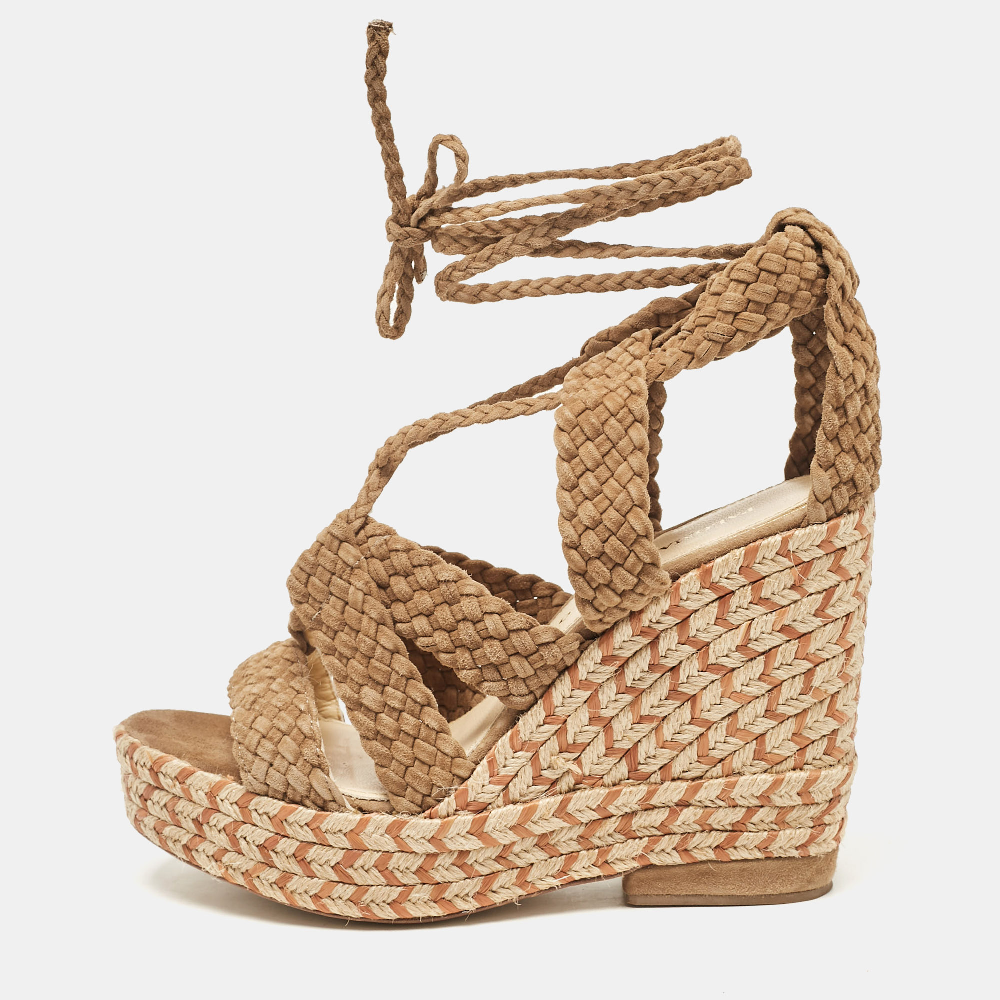 

Paloma Barceló Brown Woven Suede Ankle Wrap Espadrille Wedge Sandals Size