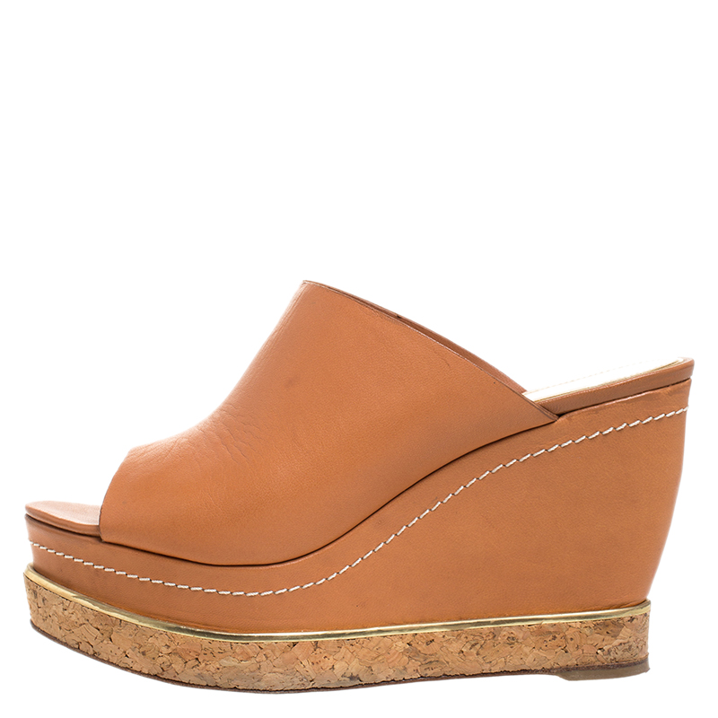 

Paloma Barcelo Tan Leather Mule Platform Wedge Sandals Size