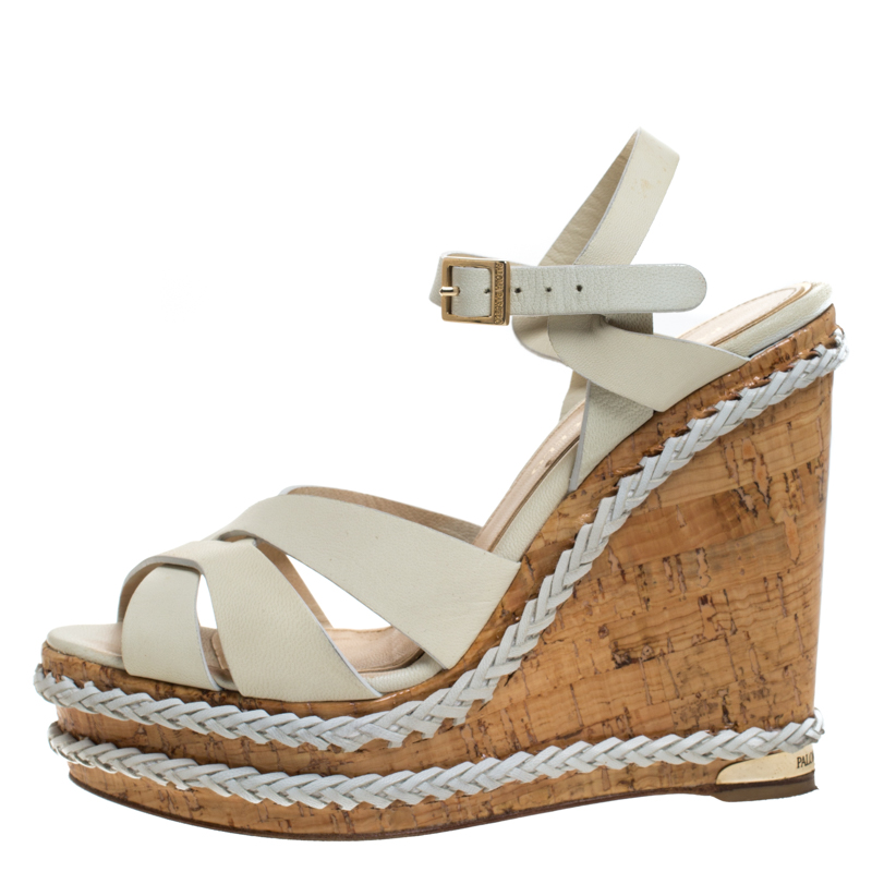 

Paloma Barceló Ivory Strappy Leather Ankle Strap Platform Wedge Sandals Size, White