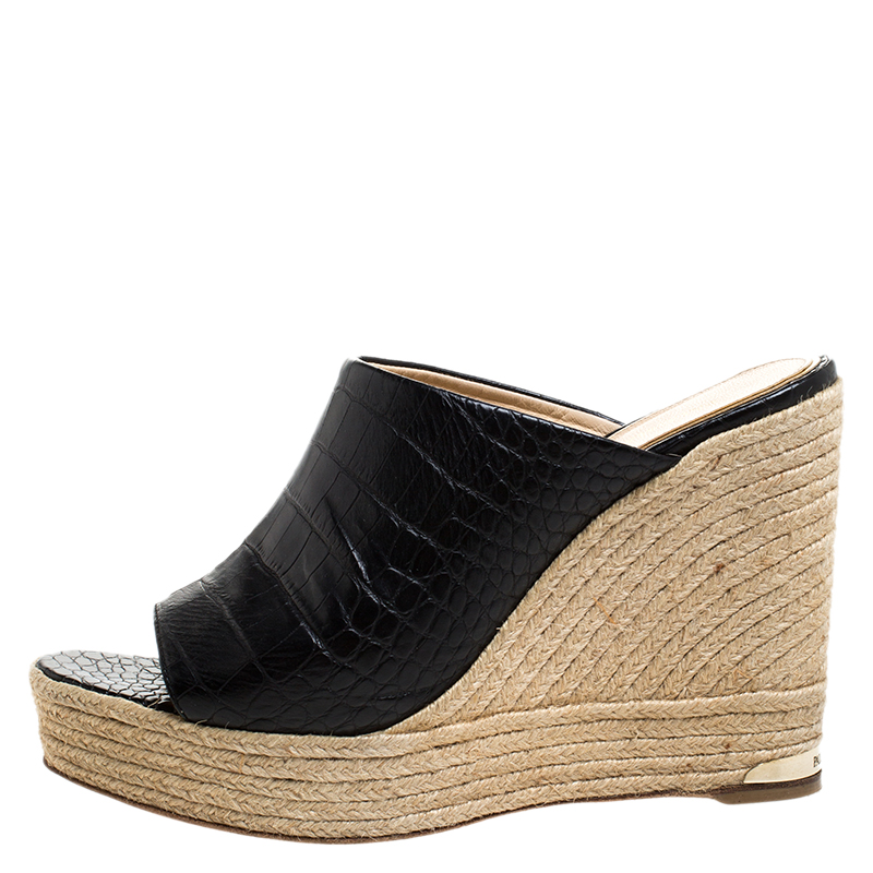 

Paloma Barceló Black Croc Embossed Leather Espadrille Wedge Sandals Size
