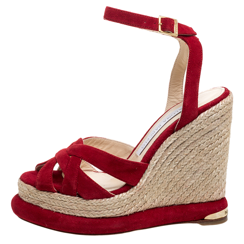 

Paloma Barceló Red Suede Leather Espadrille Wedge Platform Ankle Strap Sandals Size