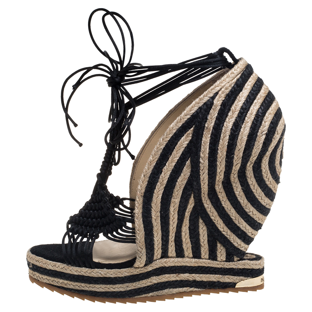 

Paloma Barceló Black/Beige Woven Satin Cord Ankle Wrap Espadrille Platform Wedge Sandals Size