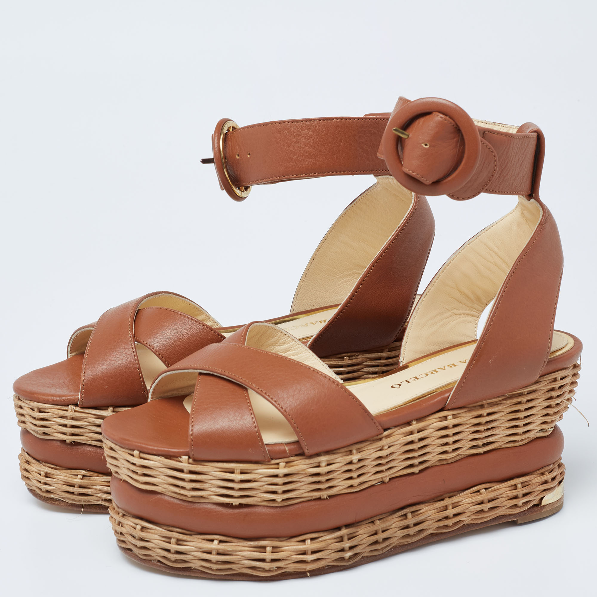 

Paloma Barceló Brown Leather Basket Weave Platform Ankle-Strap Sandals Size