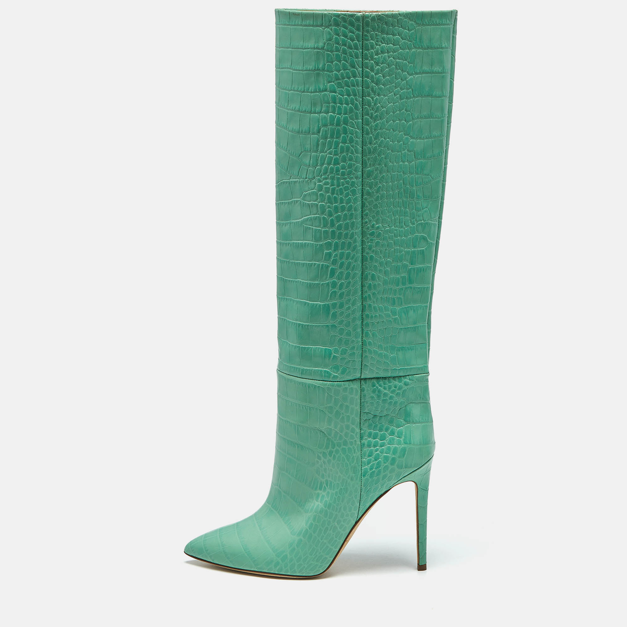 

Paris Texas Green Croc Embossed Leather Wasabi Knee Length Boots Size