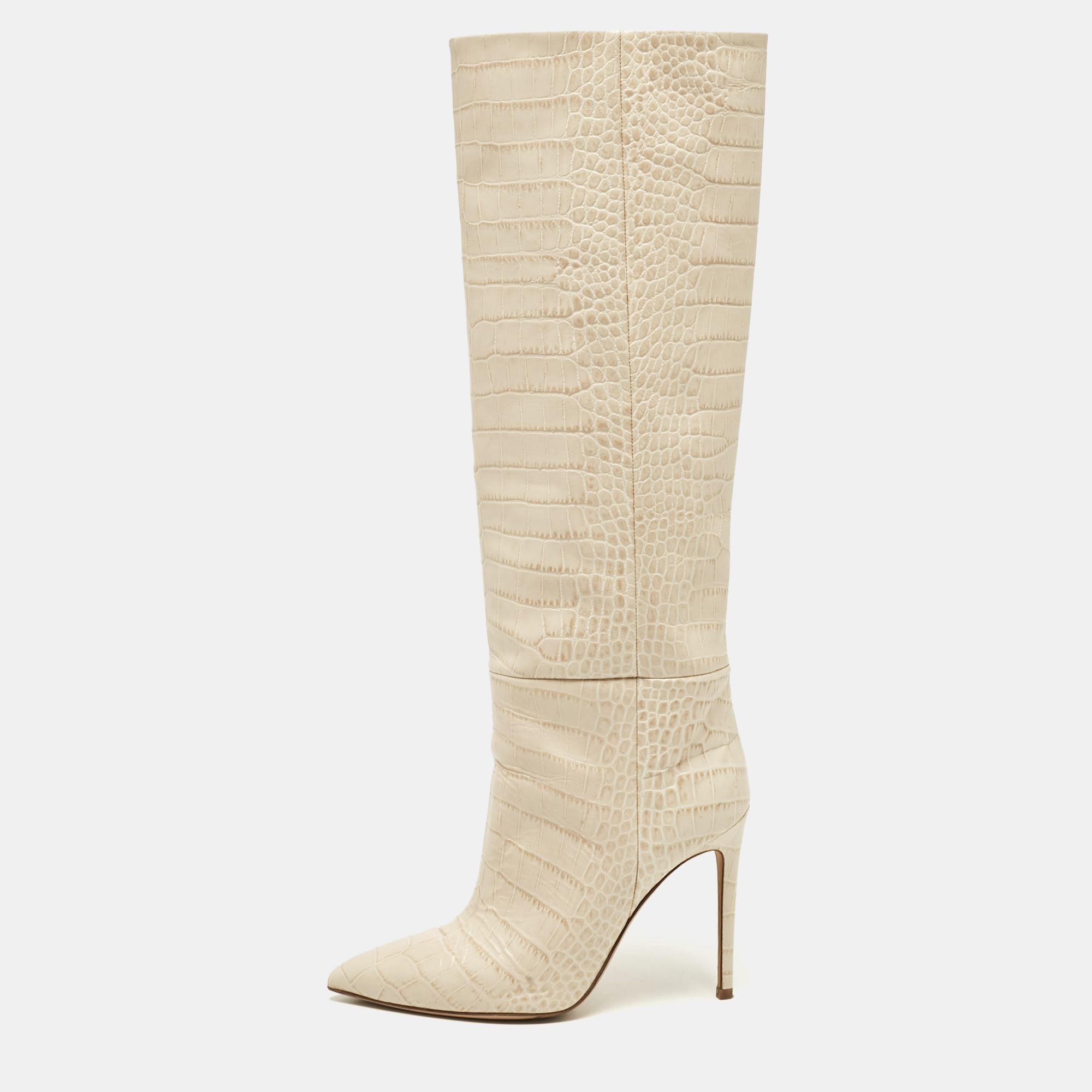 

Paris Texas Cream Croc Embossed Leather Knee Length Boots Size