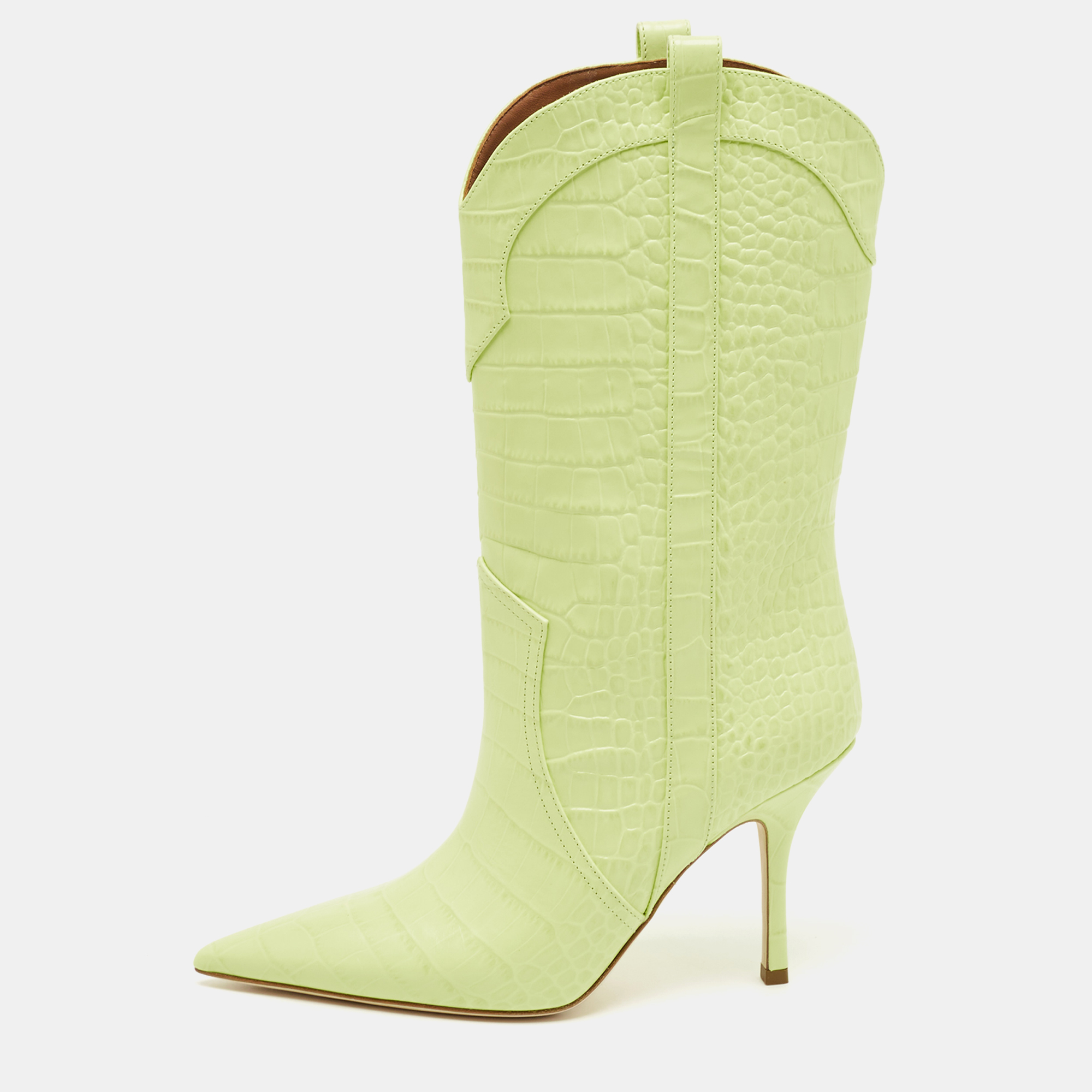 

Paris Texas Lime Green Croc Embossed Leather Paloma Mid Calf Boots Size