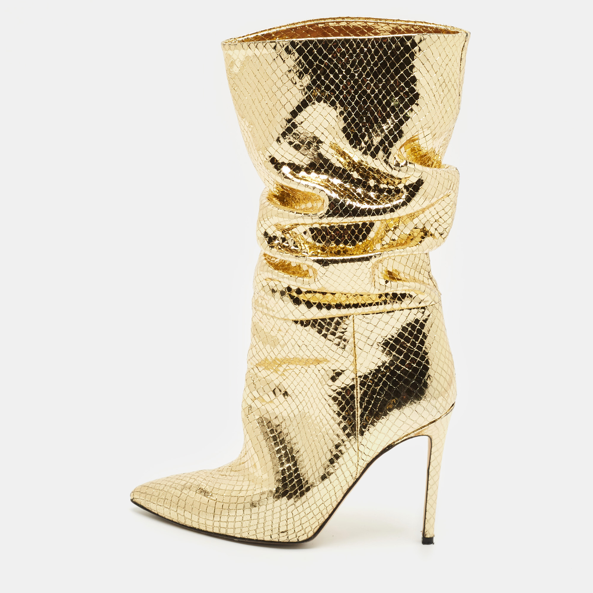 

Paris Texas Gold Croc Embossed Leather Slouchy Mid Calf Boots Size