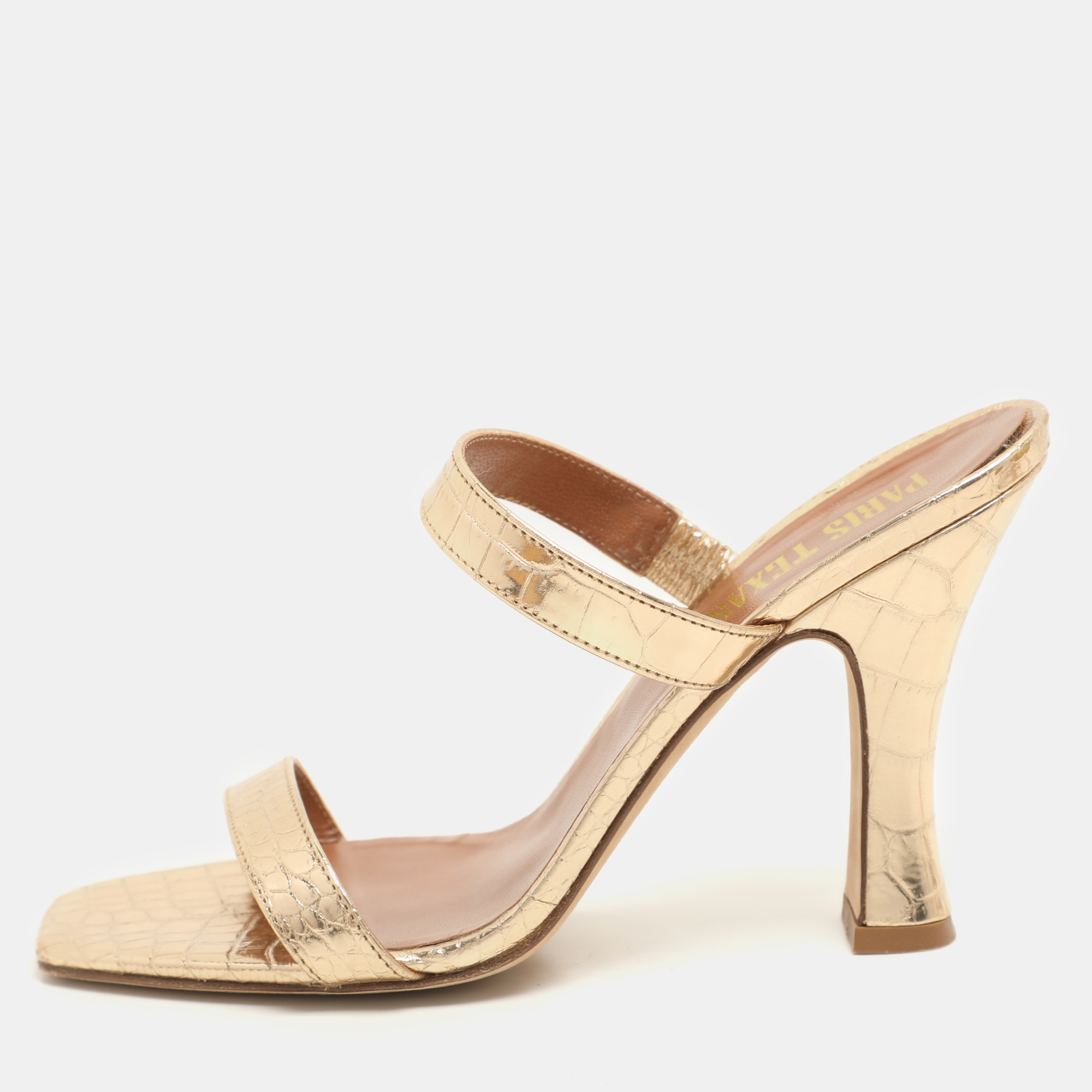 

Paris Texas Gold Croc Embossed Leather Slide Sandals Size