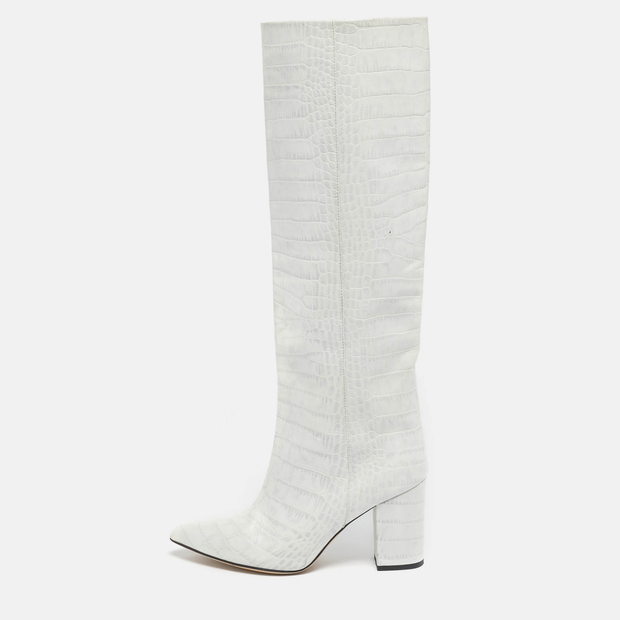 

Paris Texas Green Croc Embossed Leather Knee Length Boots Size 39, Cream