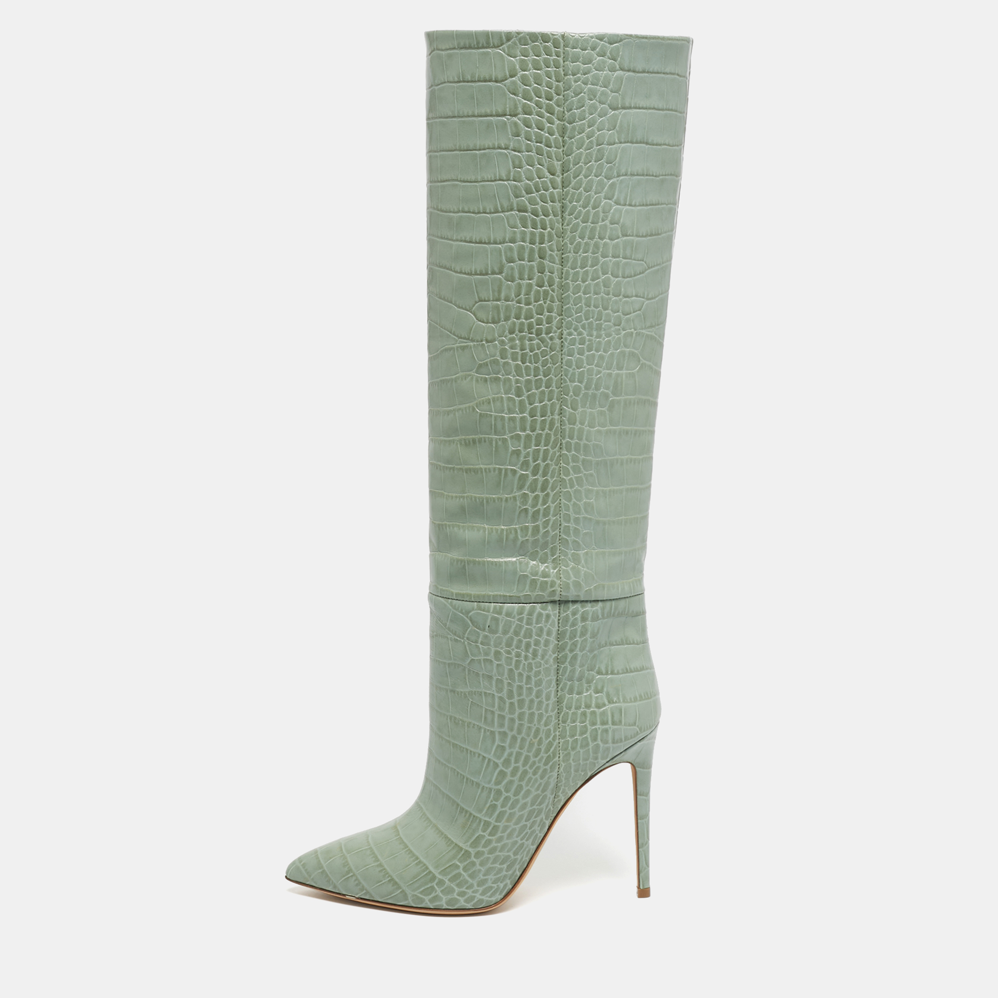 Pre-owned Paris Texas Green Croc Embossed Leather Knee Length Boots Size 39
