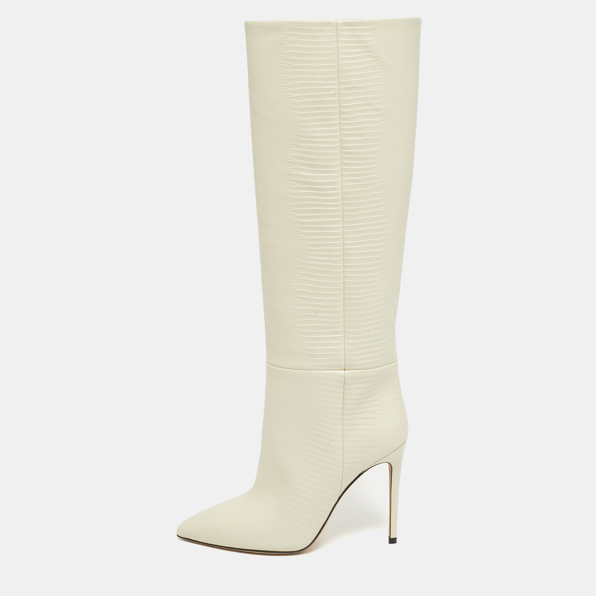 PARIS TEXAS Pre-owned Cream Lizard Embossed Leather Knee Length Boots Size 39 In White