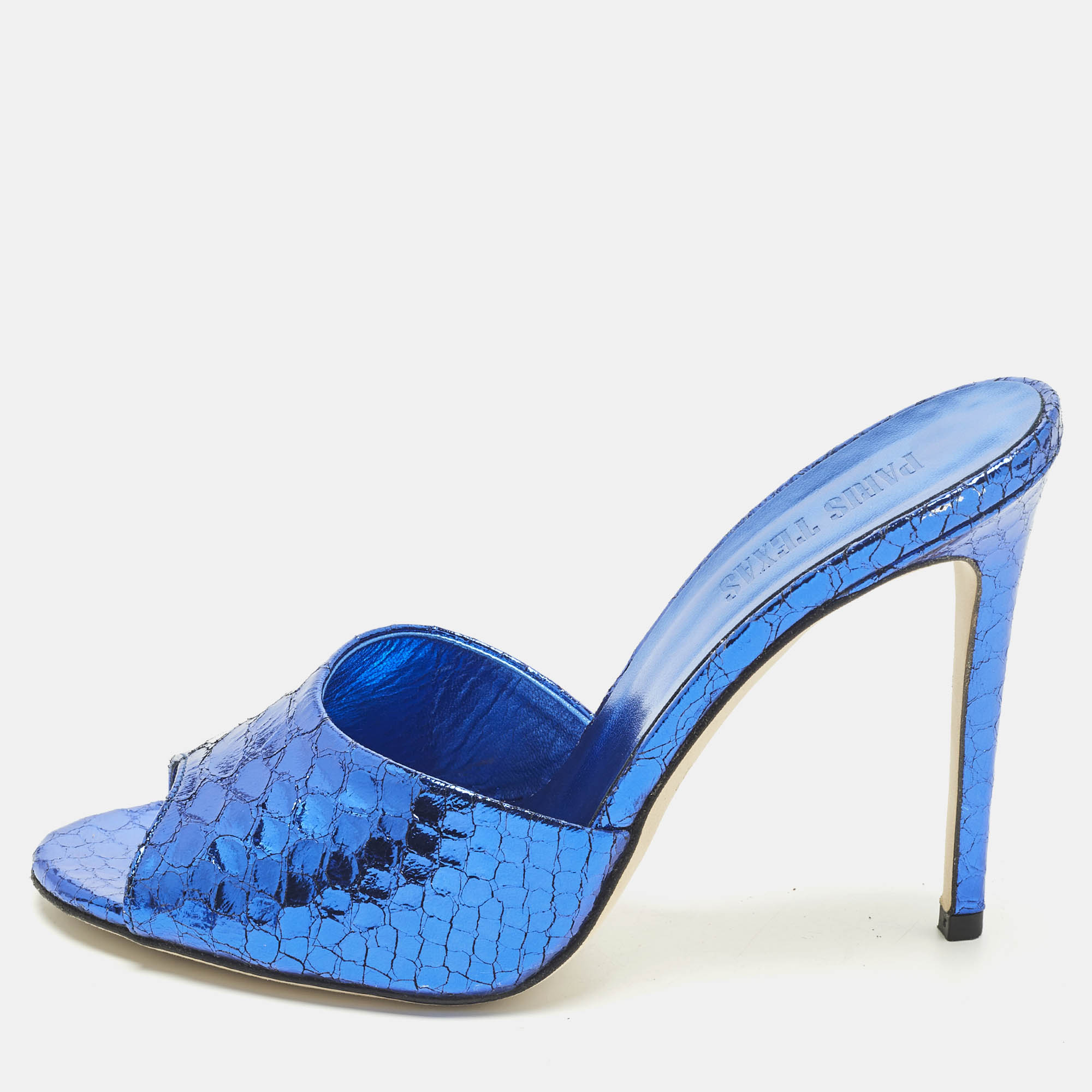 

Paris Texas Stiletto Size  Blue Croc Embossed Leather Slide Sandals