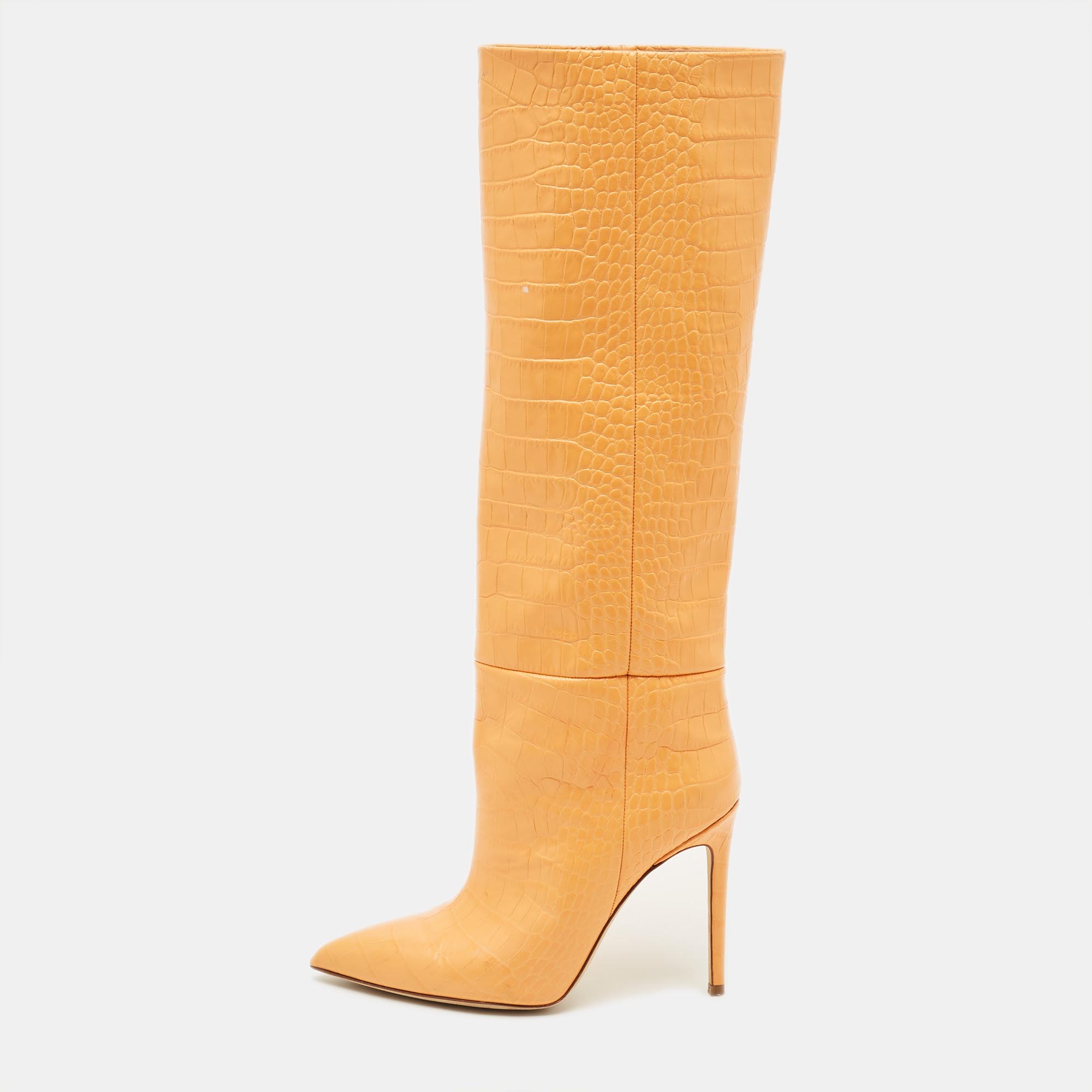 

Paris Texas Deia Size  Orange Croc Embossed Leather Knee Length Boots