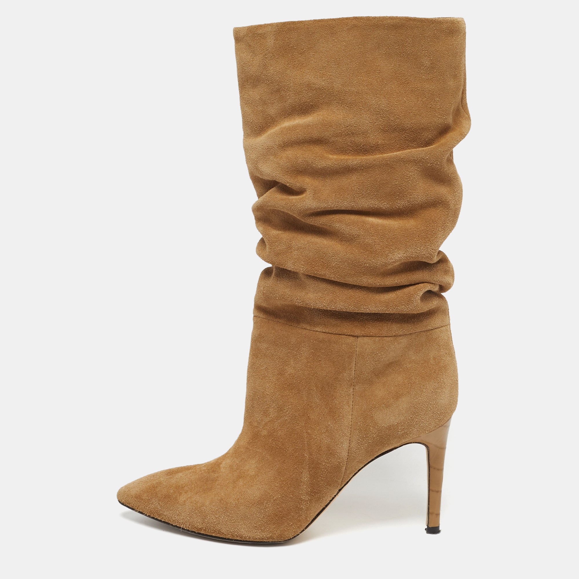 

Paris Texas Slouchy Size  Beige Croc Embossed Leather and Suede Mid Calf Boots